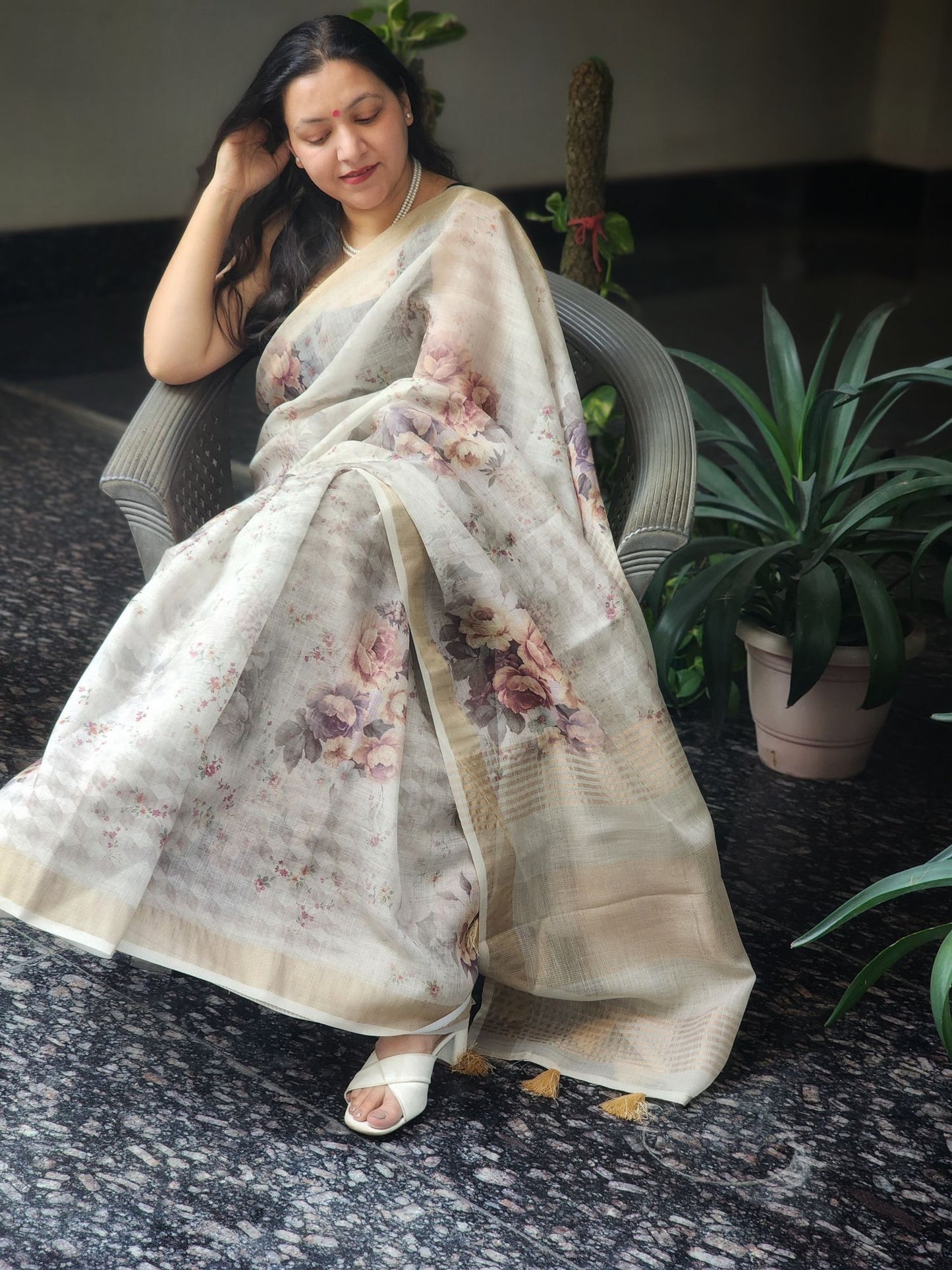Cream semi linen saree