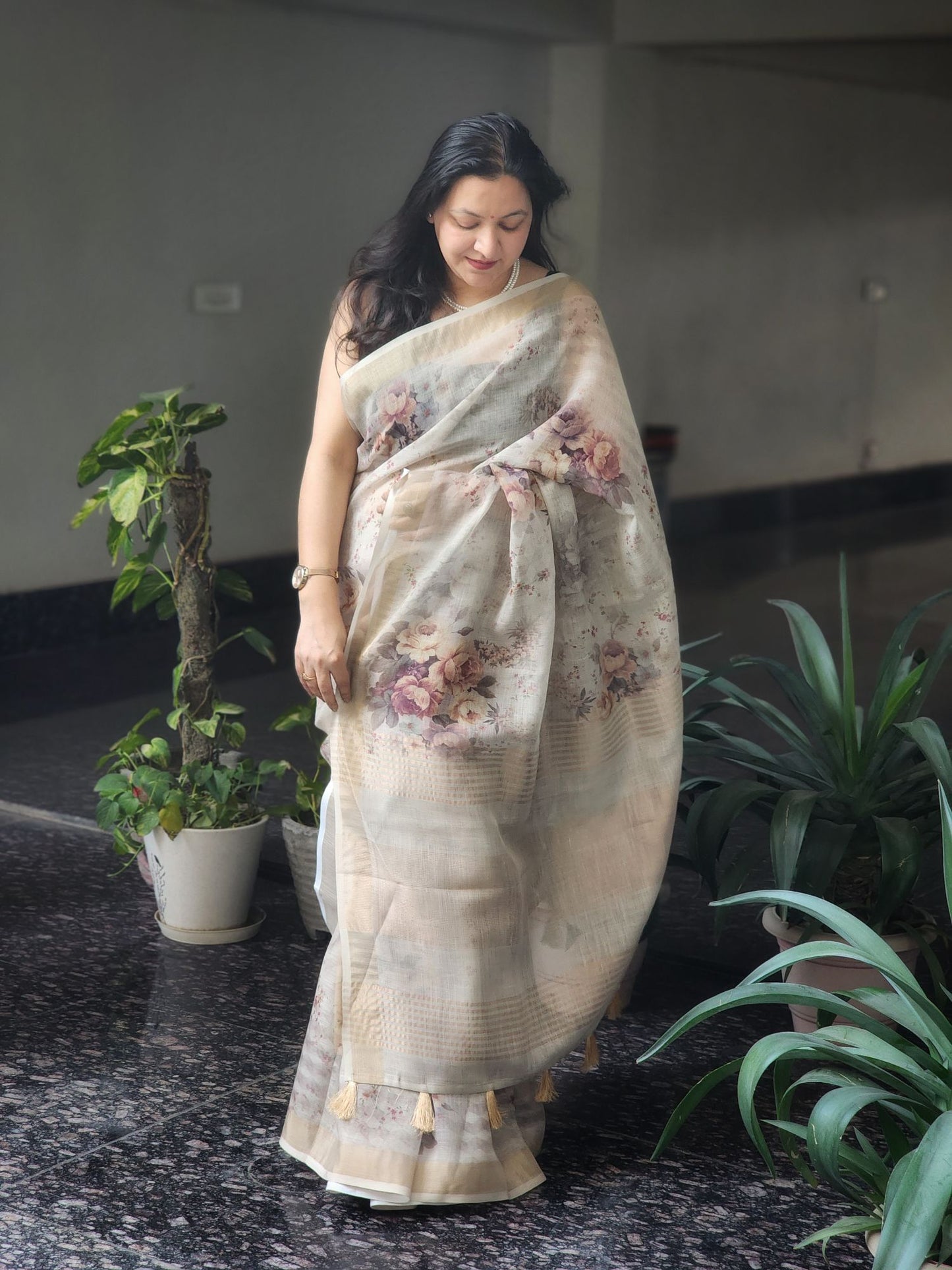 Cream semi linen saree