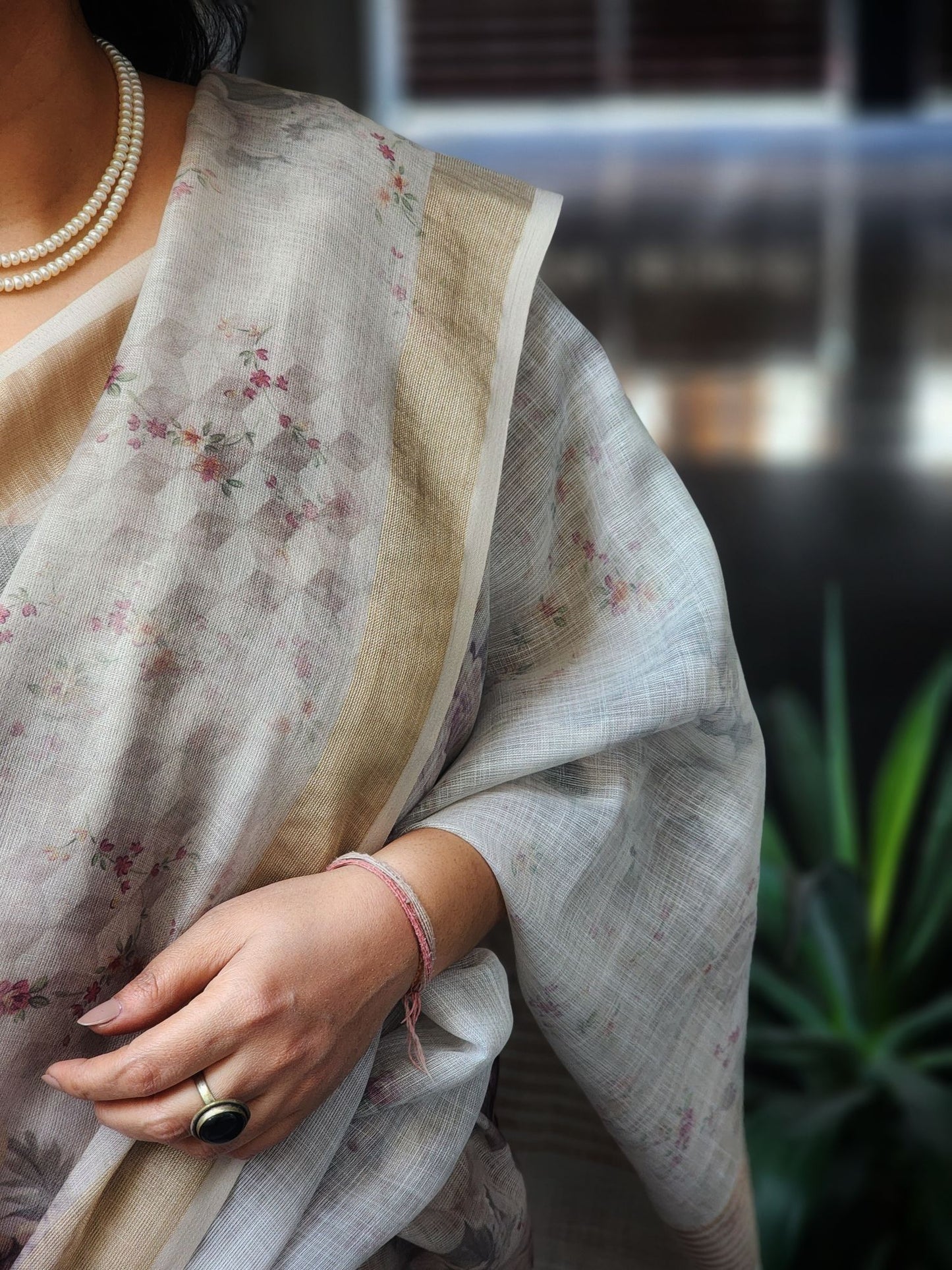 Cream semi linen saree