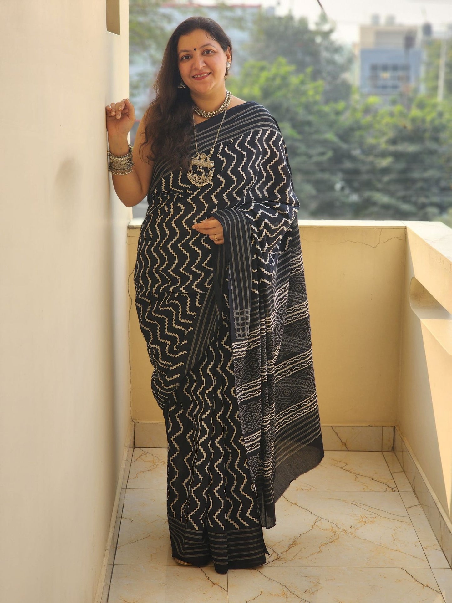 Black handblock cotton saree