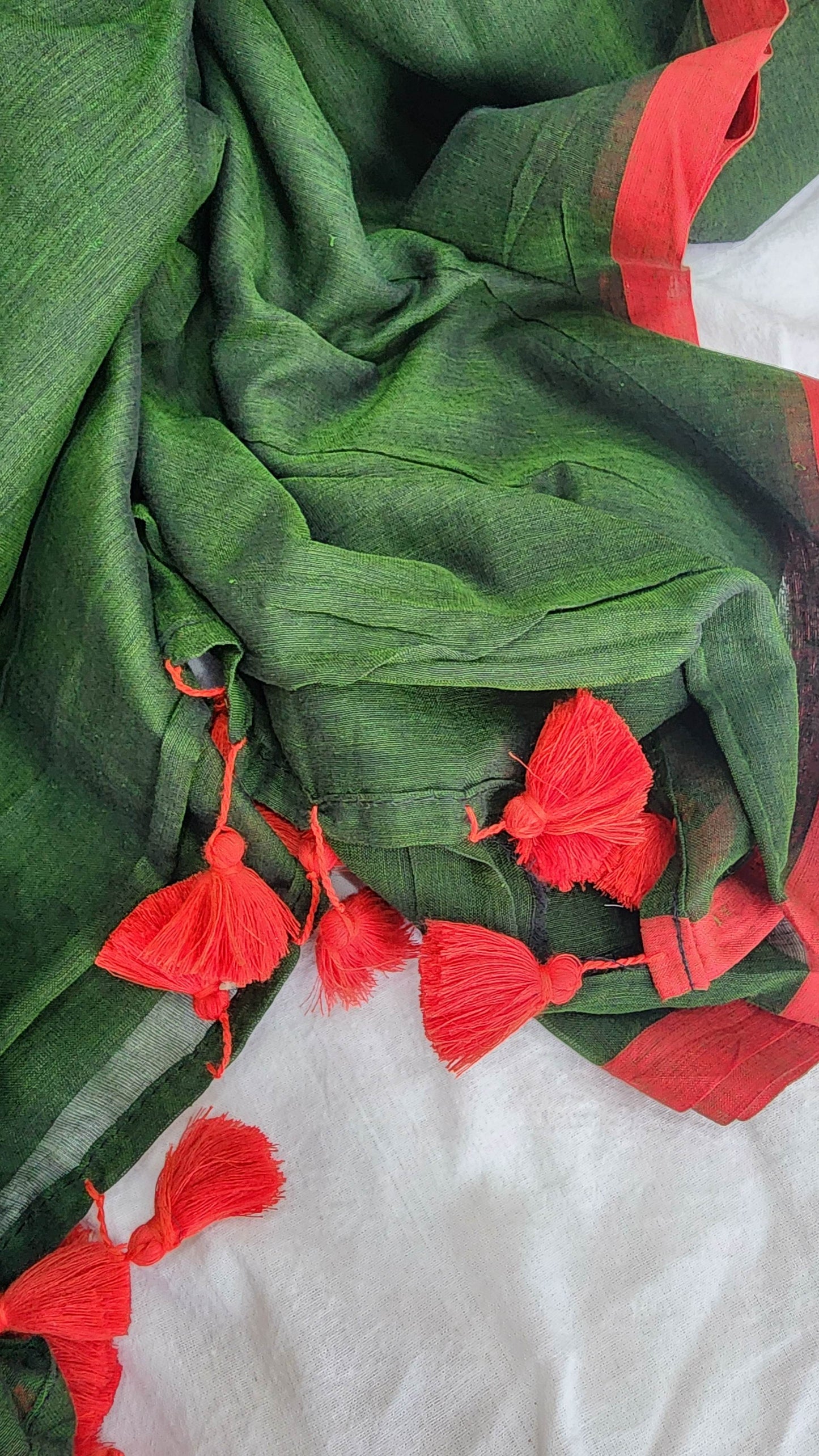 Dark green mulmul cotton saree