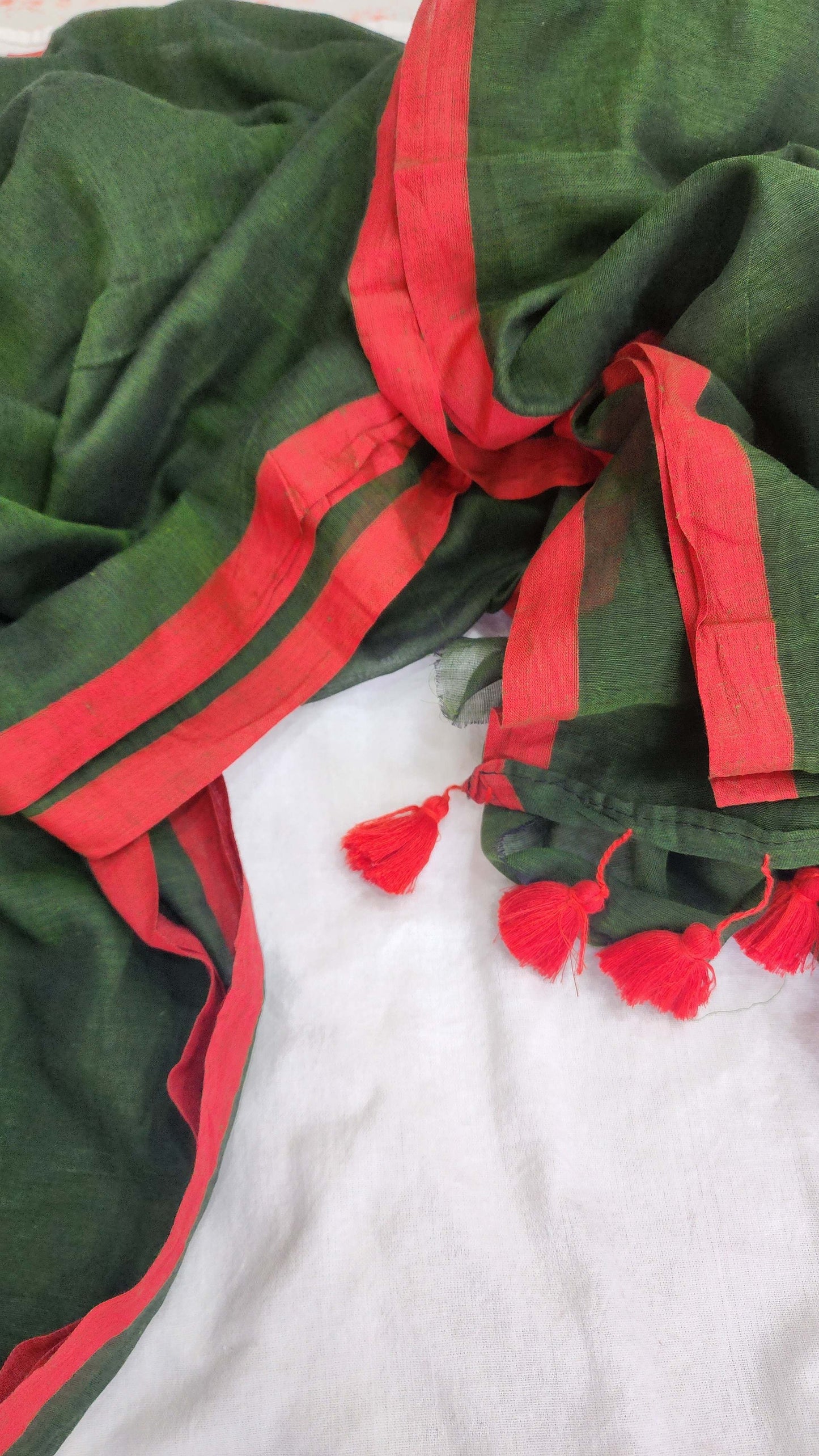Dark green mulmul cotton saree