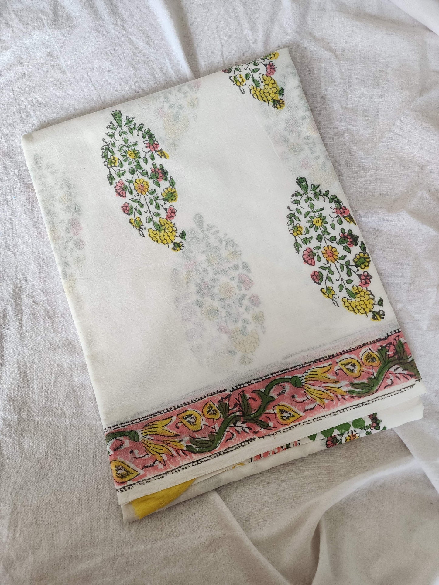 White handblock cotton saree