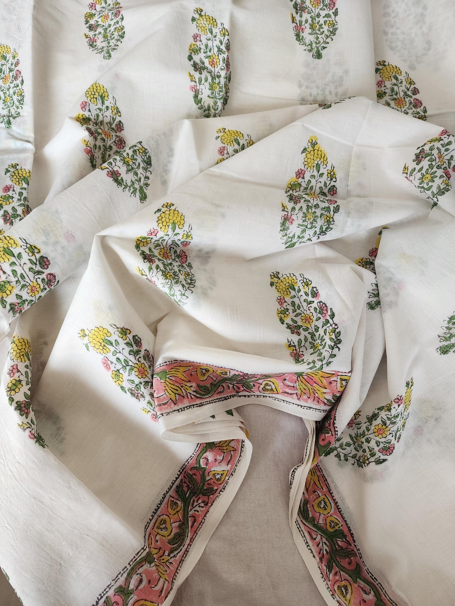White handblock cotton saree
