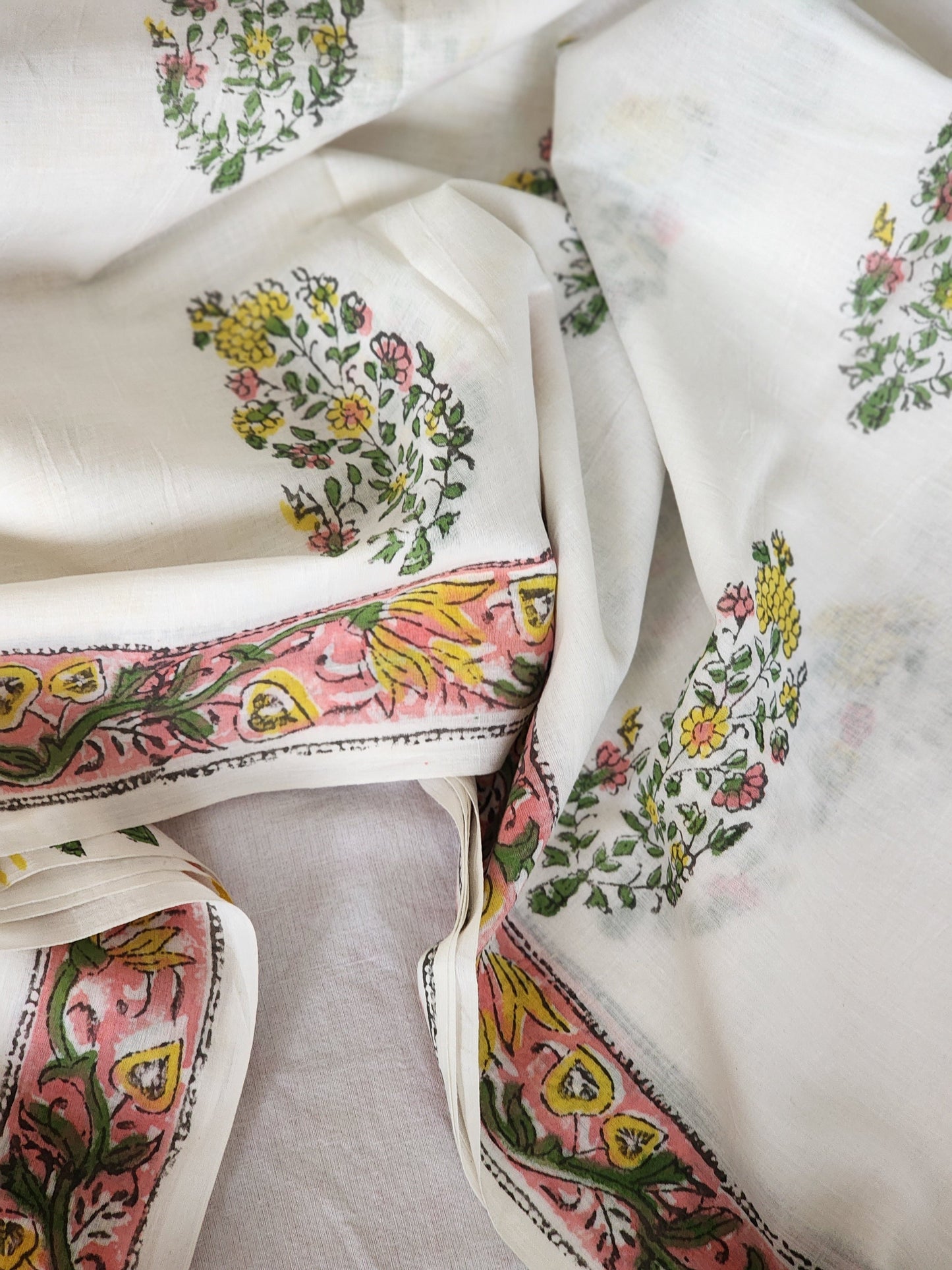 White handblock cotton saree