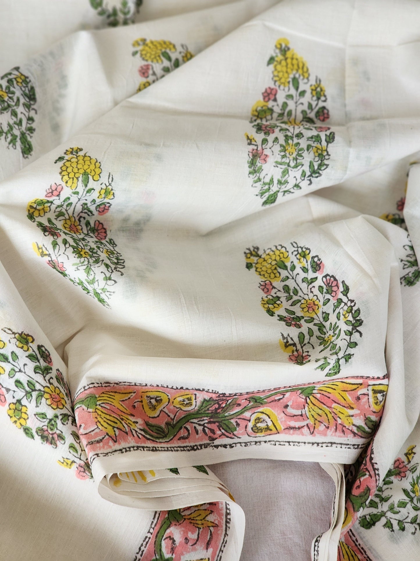 White handblock cotton saree