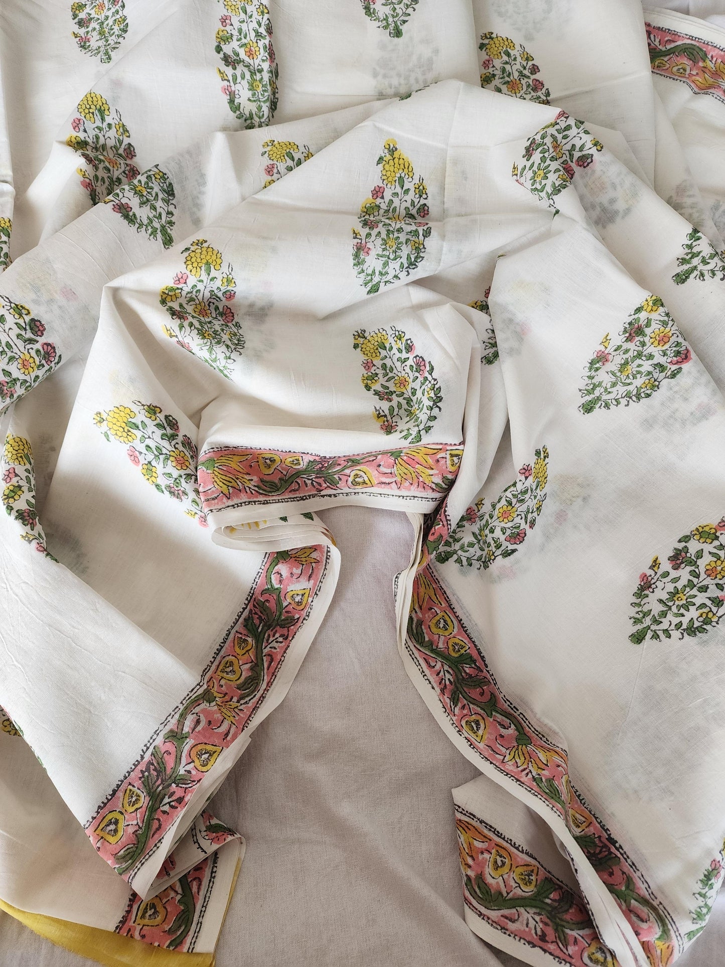 White handblock cotton saree
