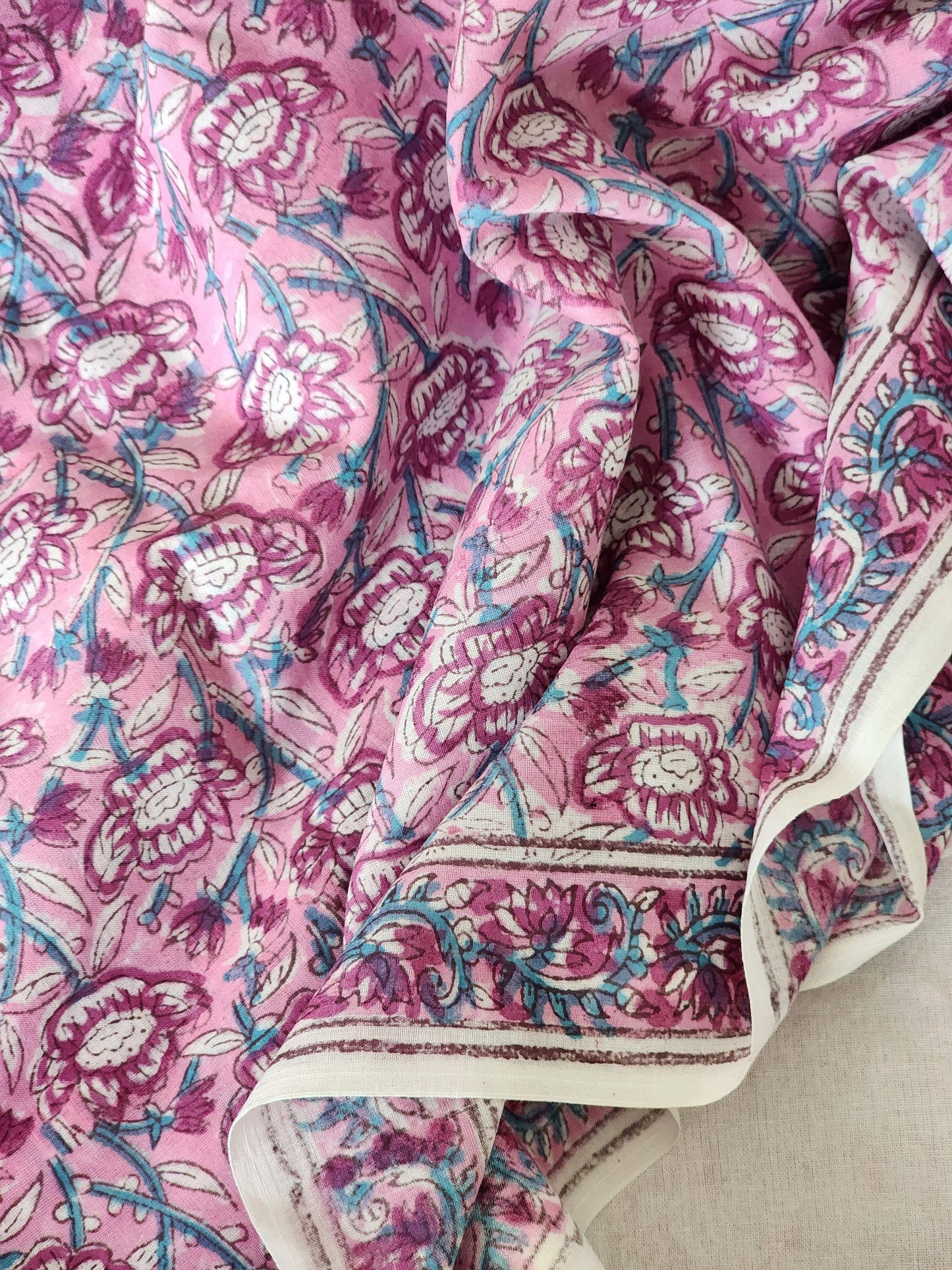 Pink handblock cotton saree