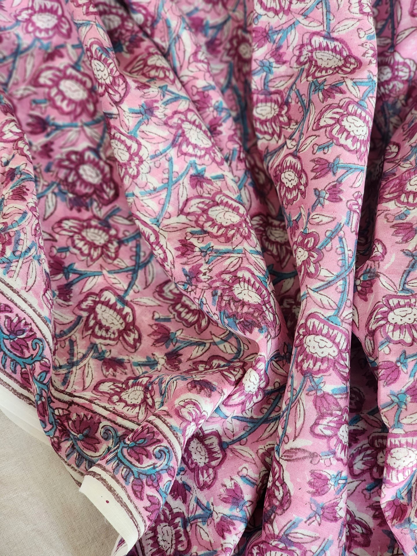 Pink handblock cotton saree