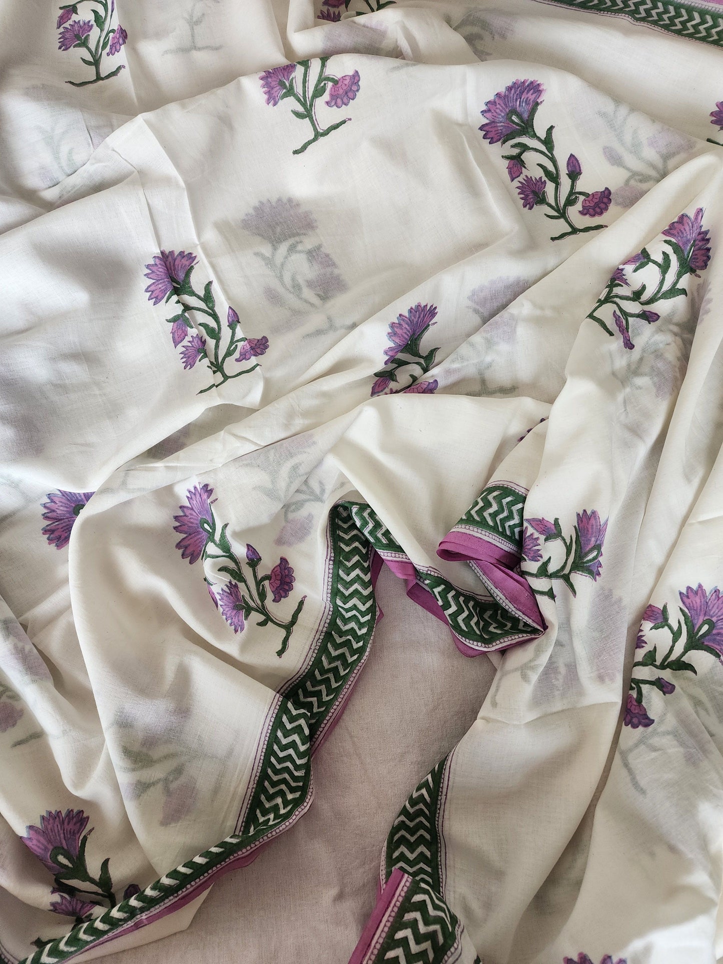 White handblock cotton saree