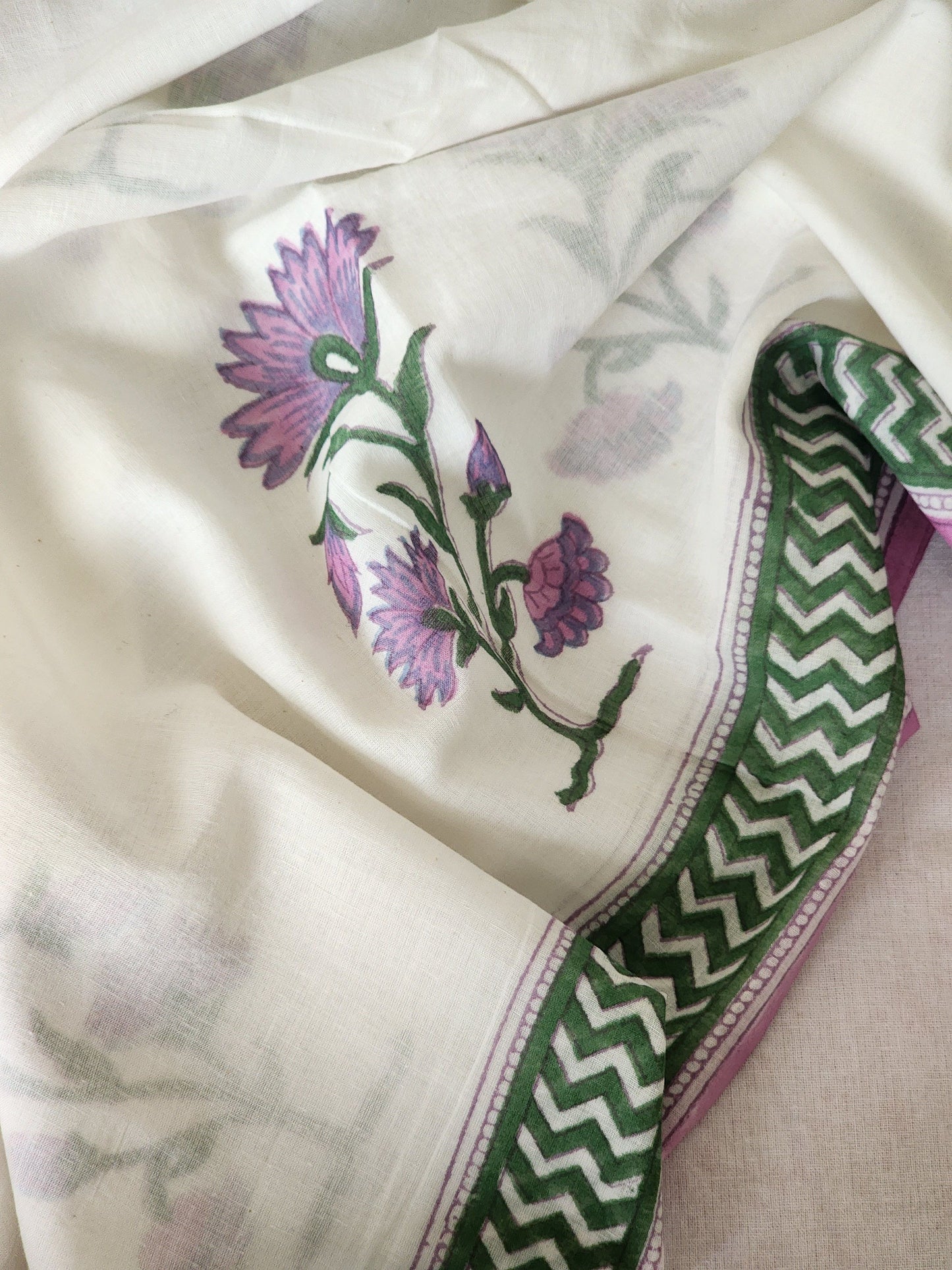 White handblock cotton saree