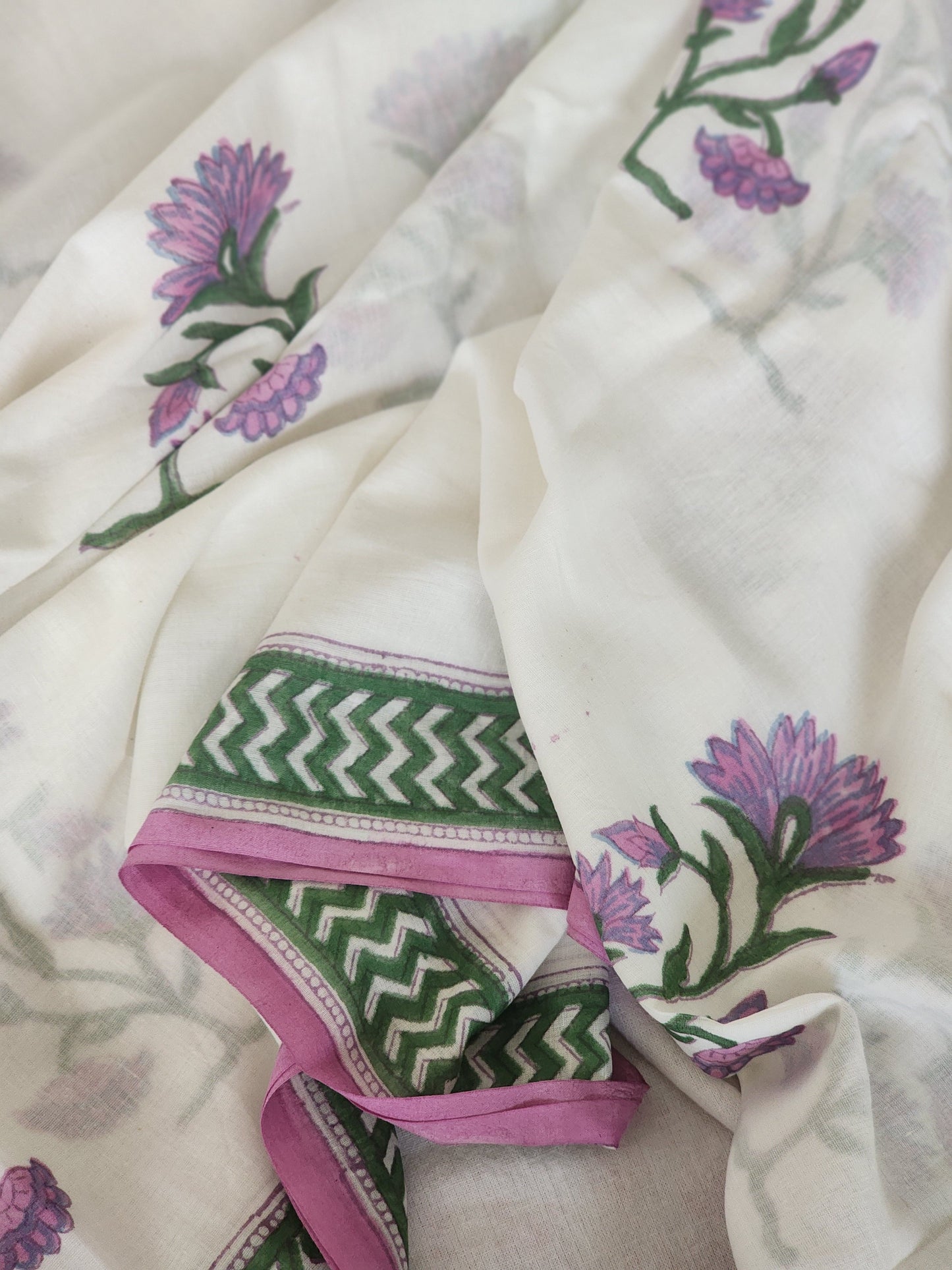 White handblock cotton saree