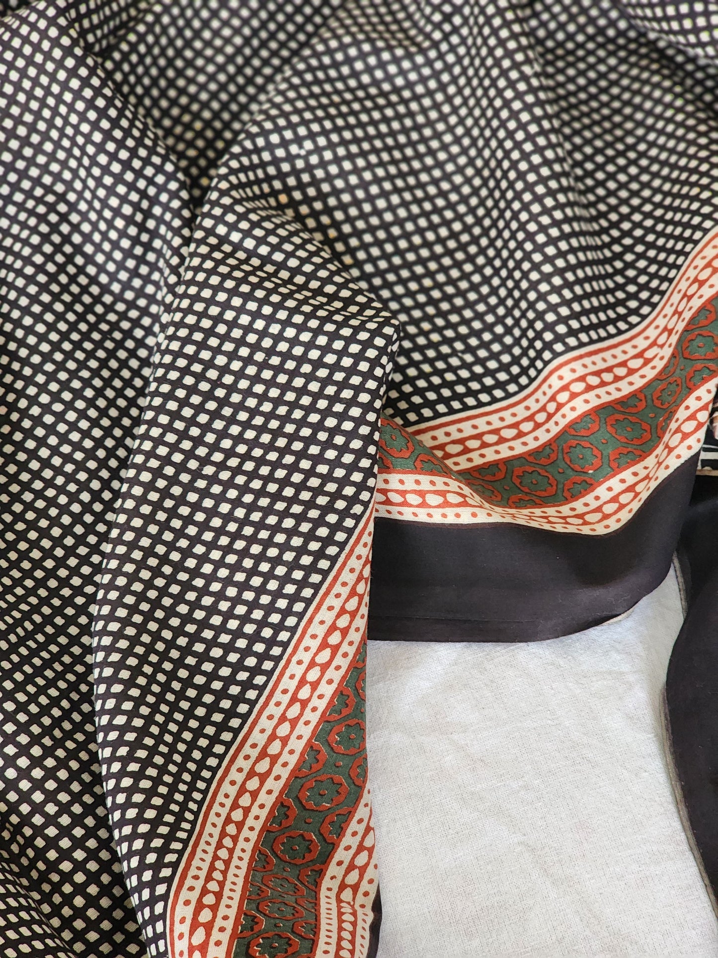 Black handblock cotton saree