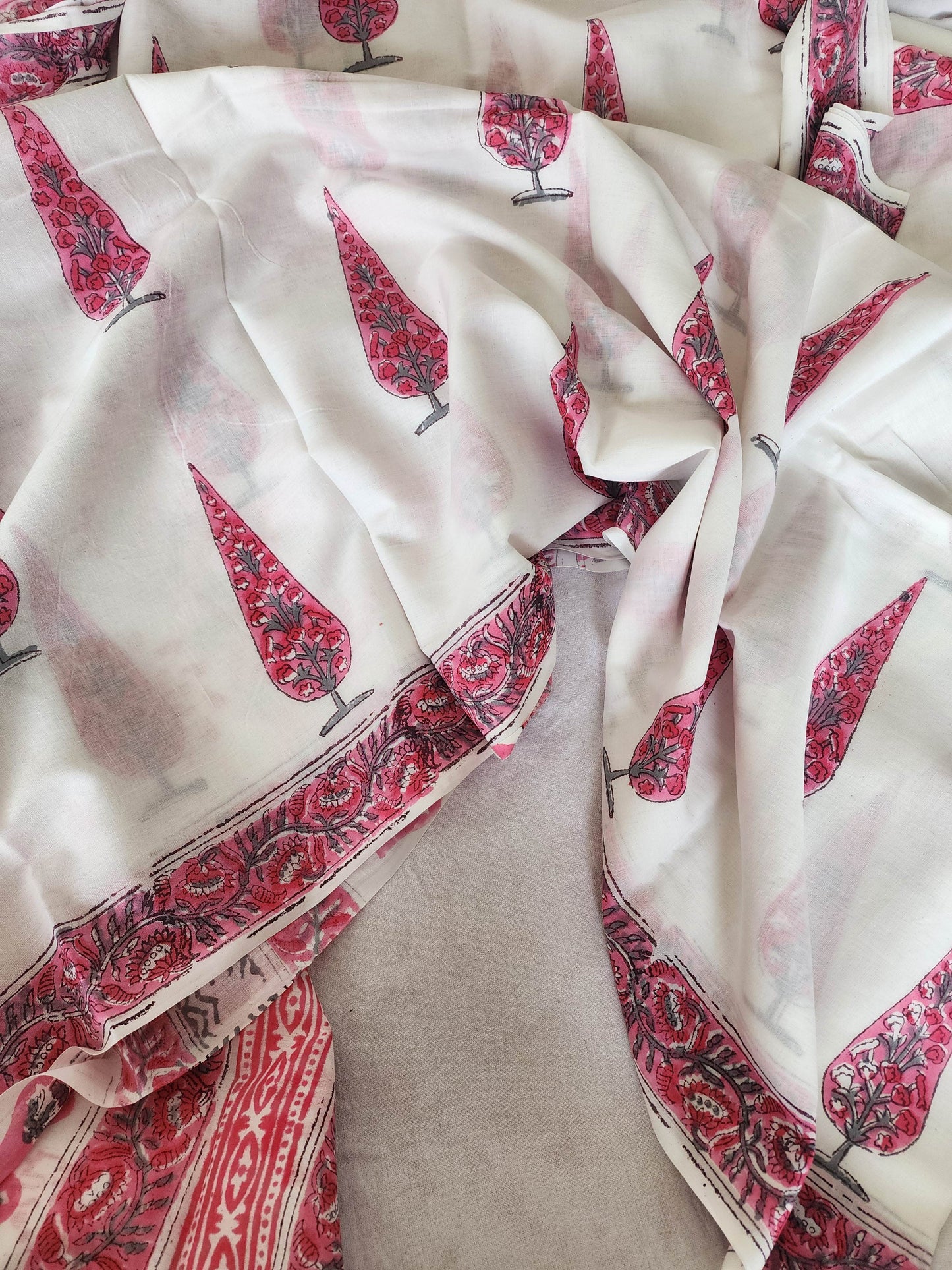 White handblock cotton saree