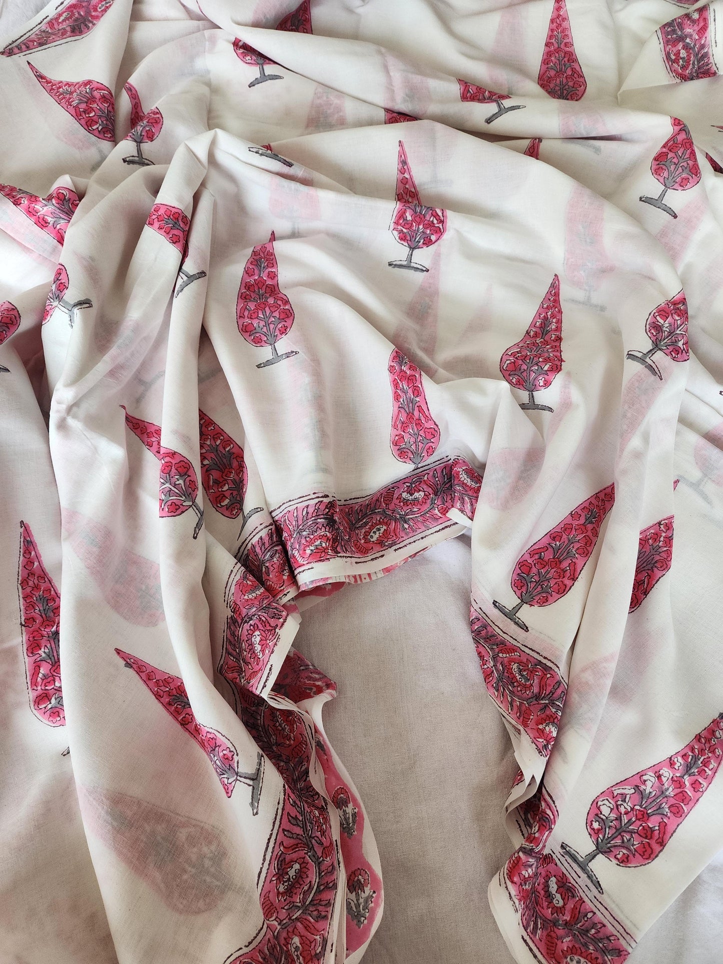 White handblock cotton saree