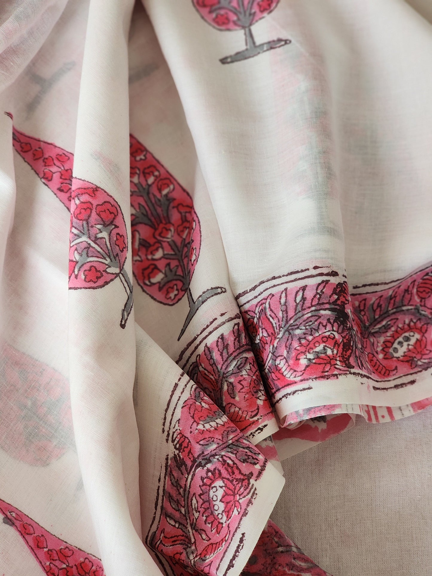 White handblock cotton saree