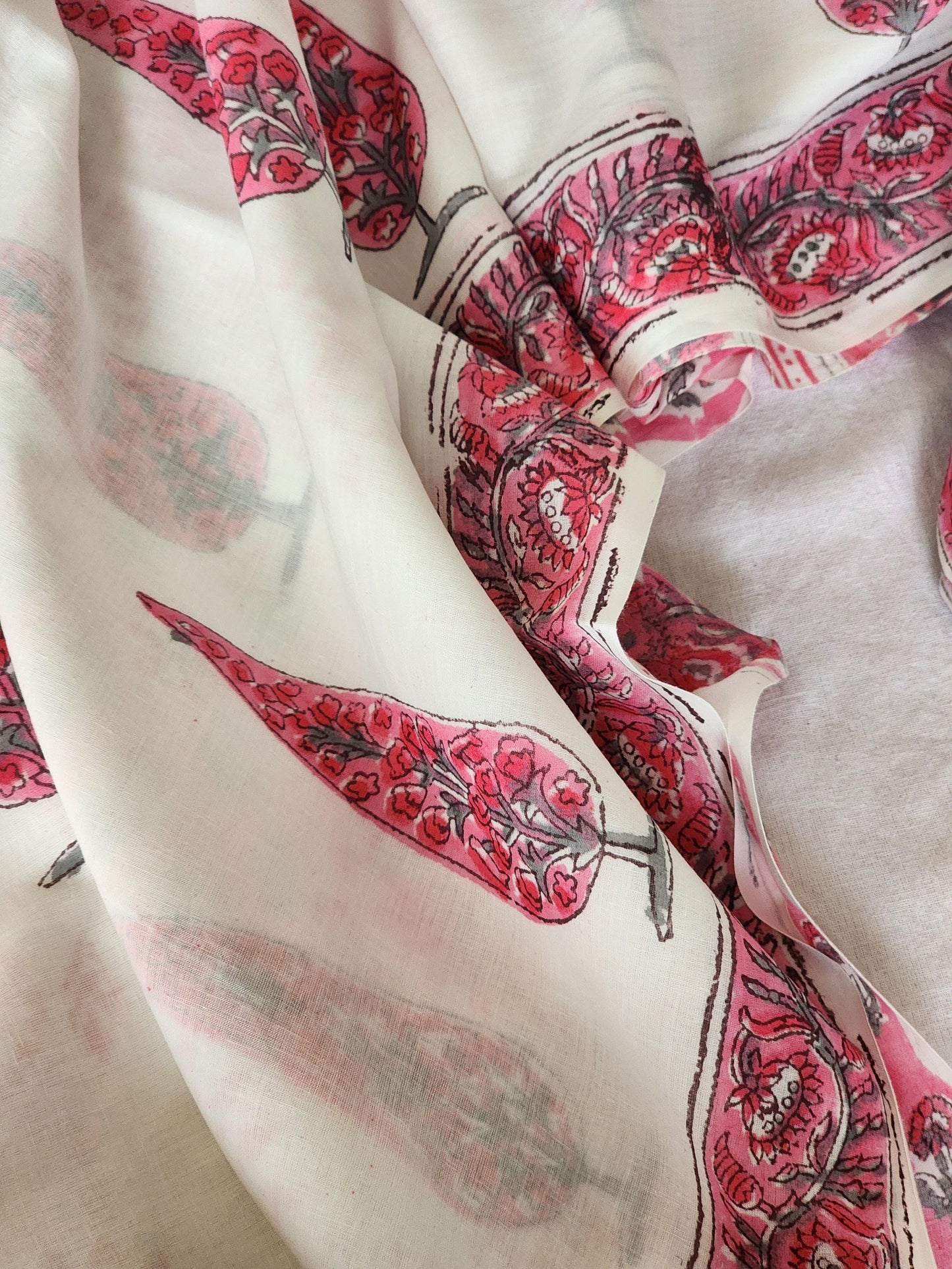 White handblock cotton saree