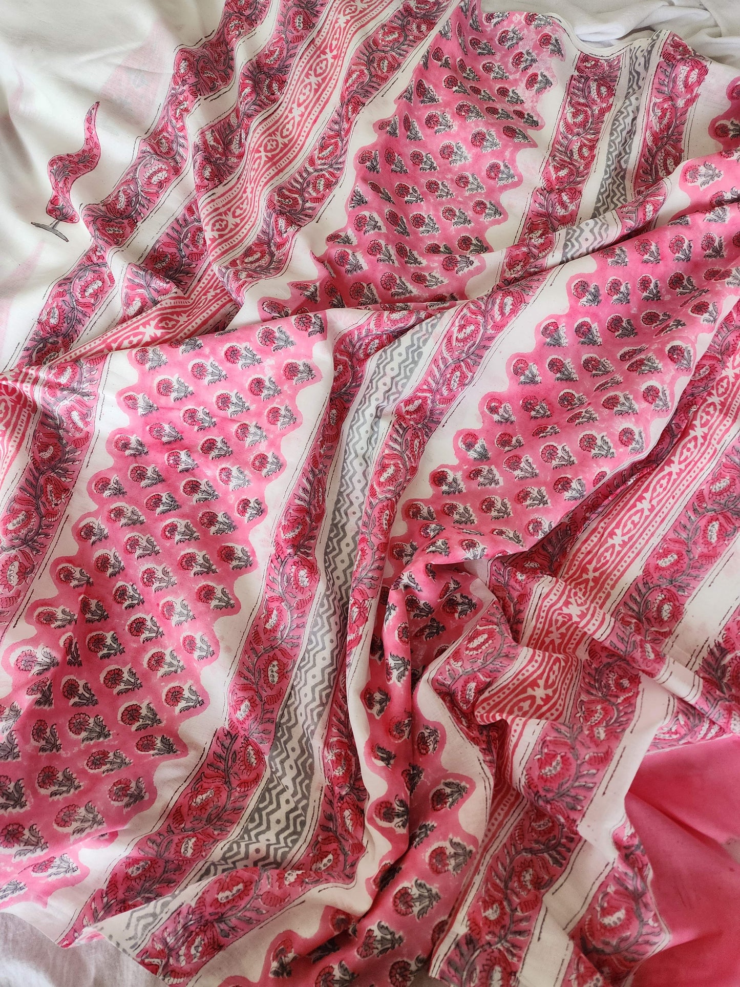 White handblock cotton saree
