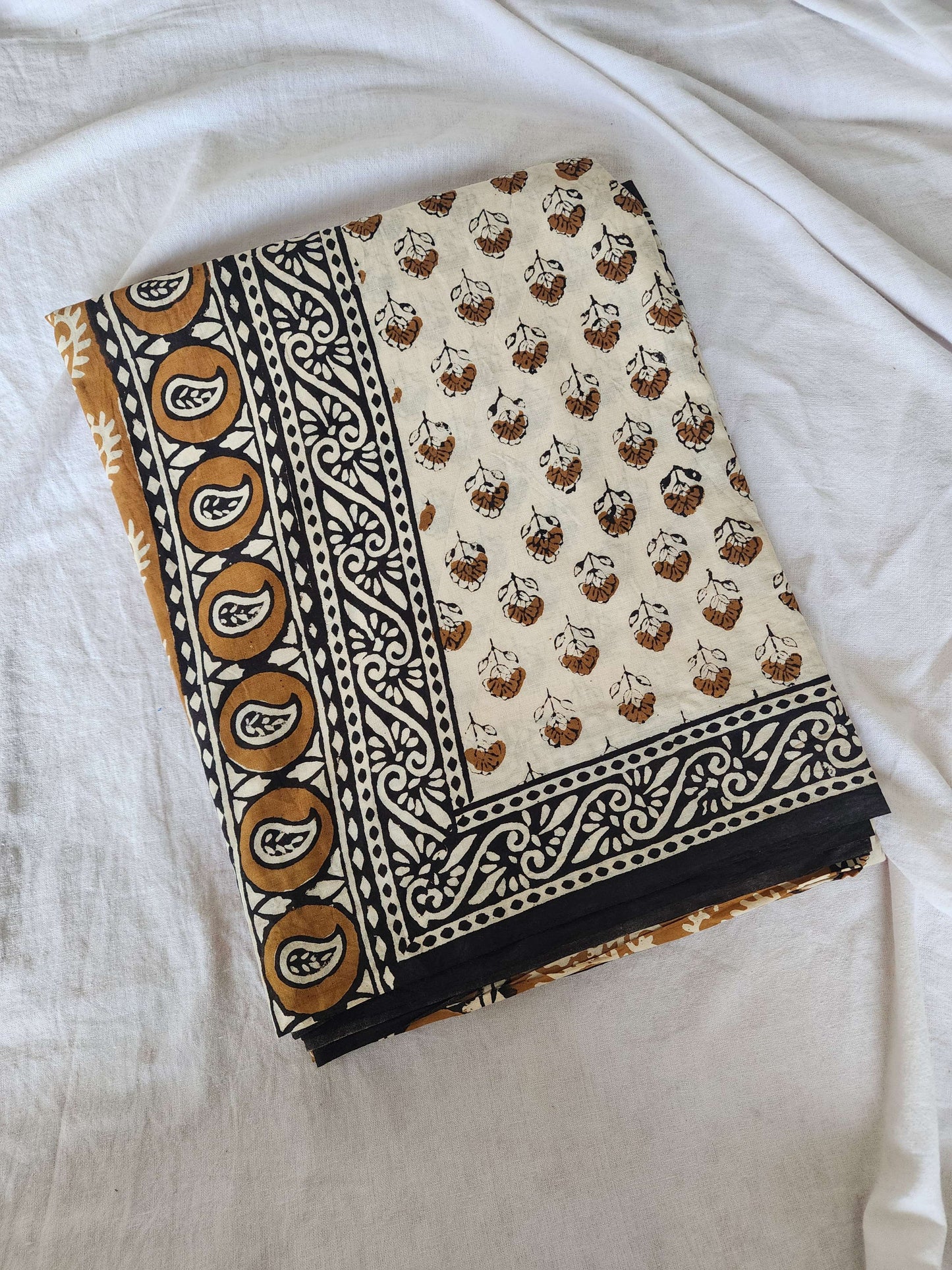 Cream handblock cotton saree