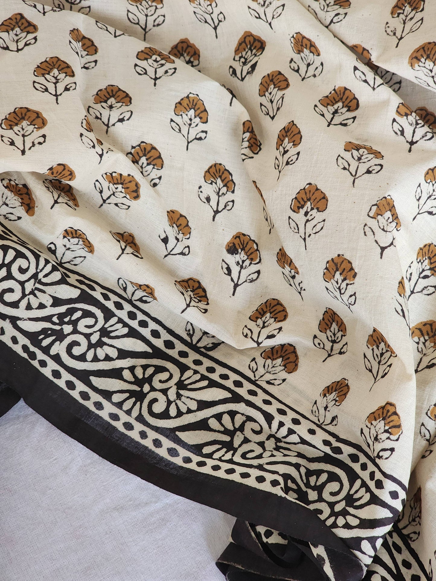 Cream handblock cotton saree