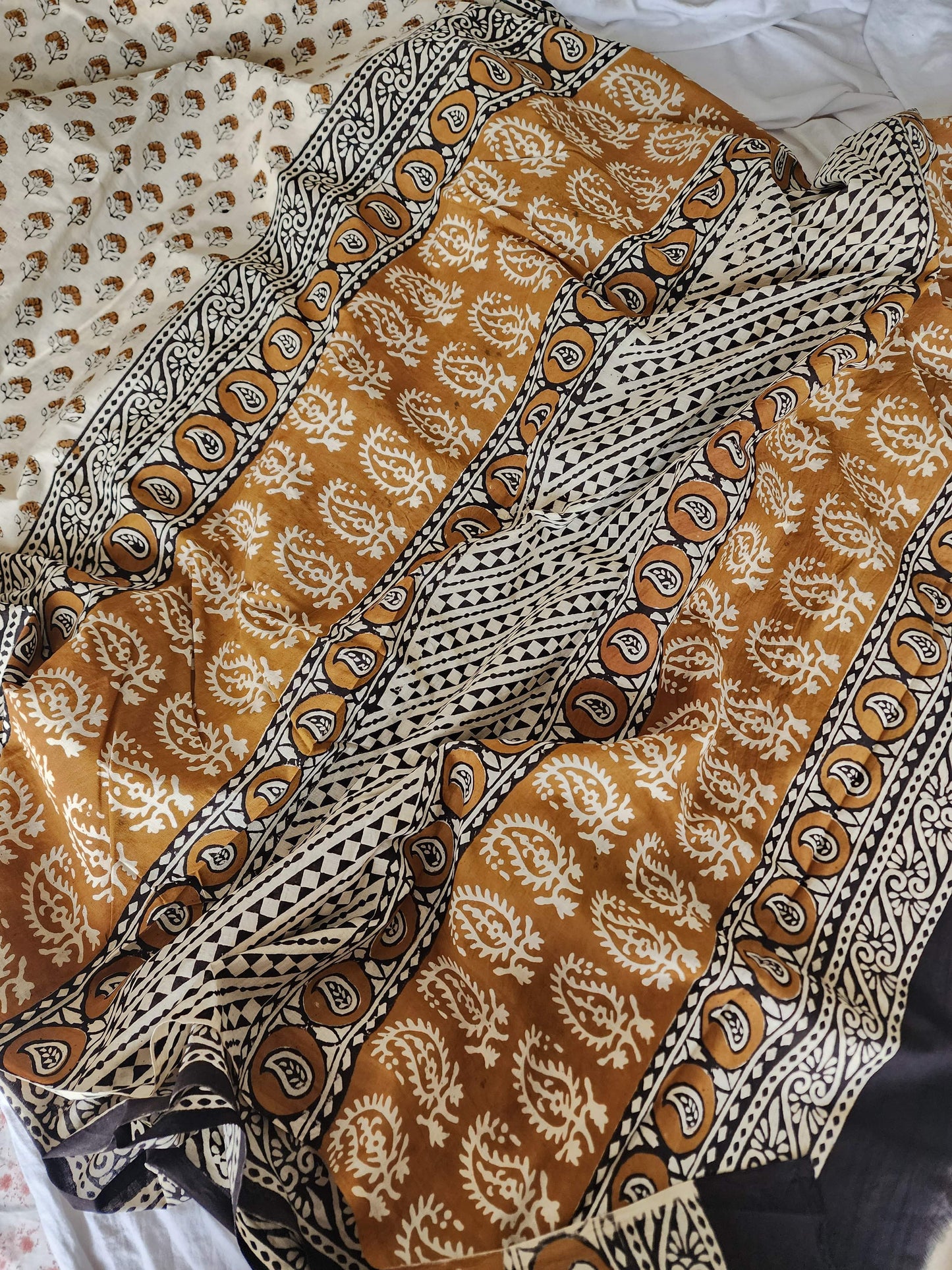 Cream handblock cotton saree