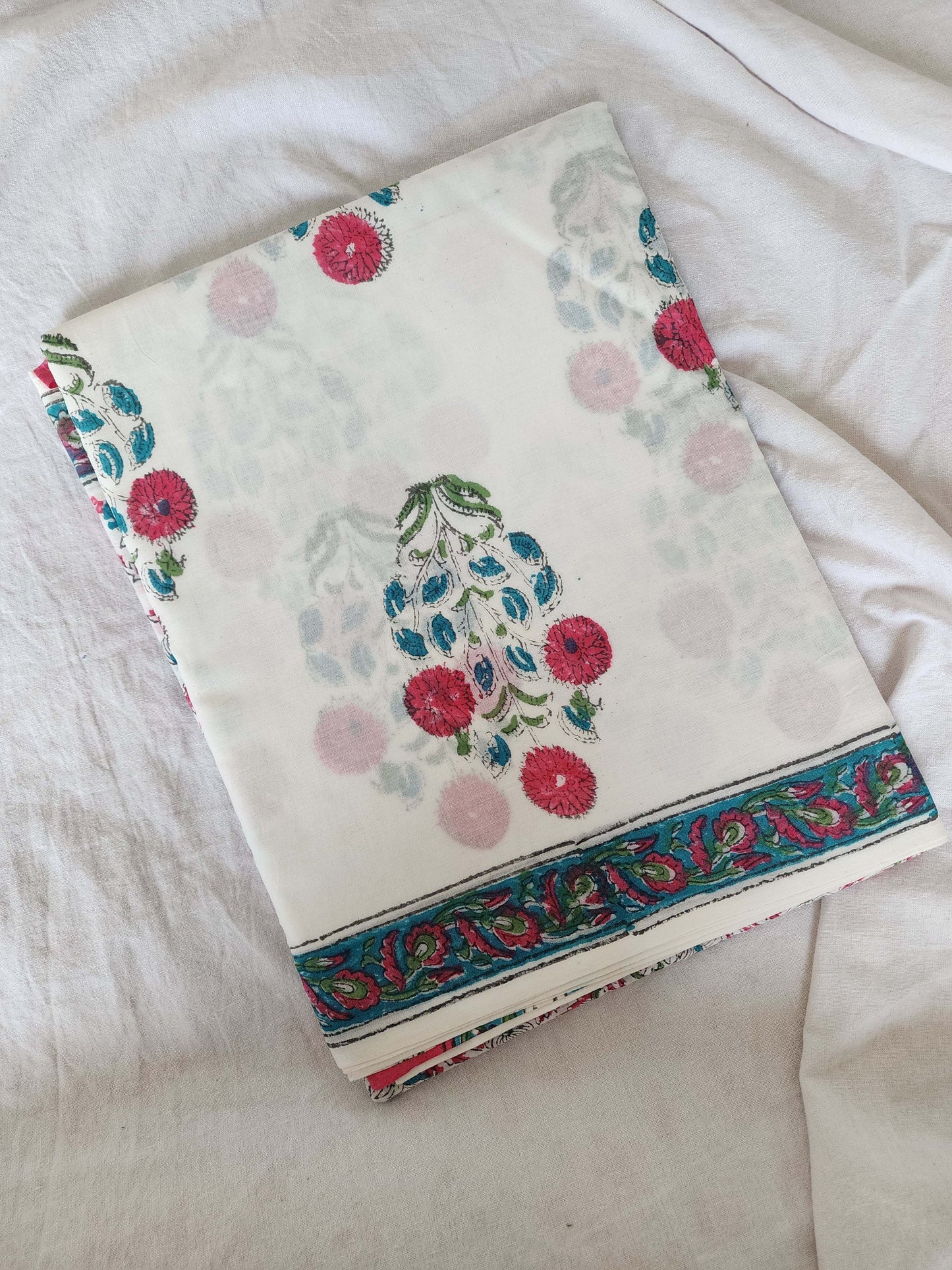 White handblock cotton saree