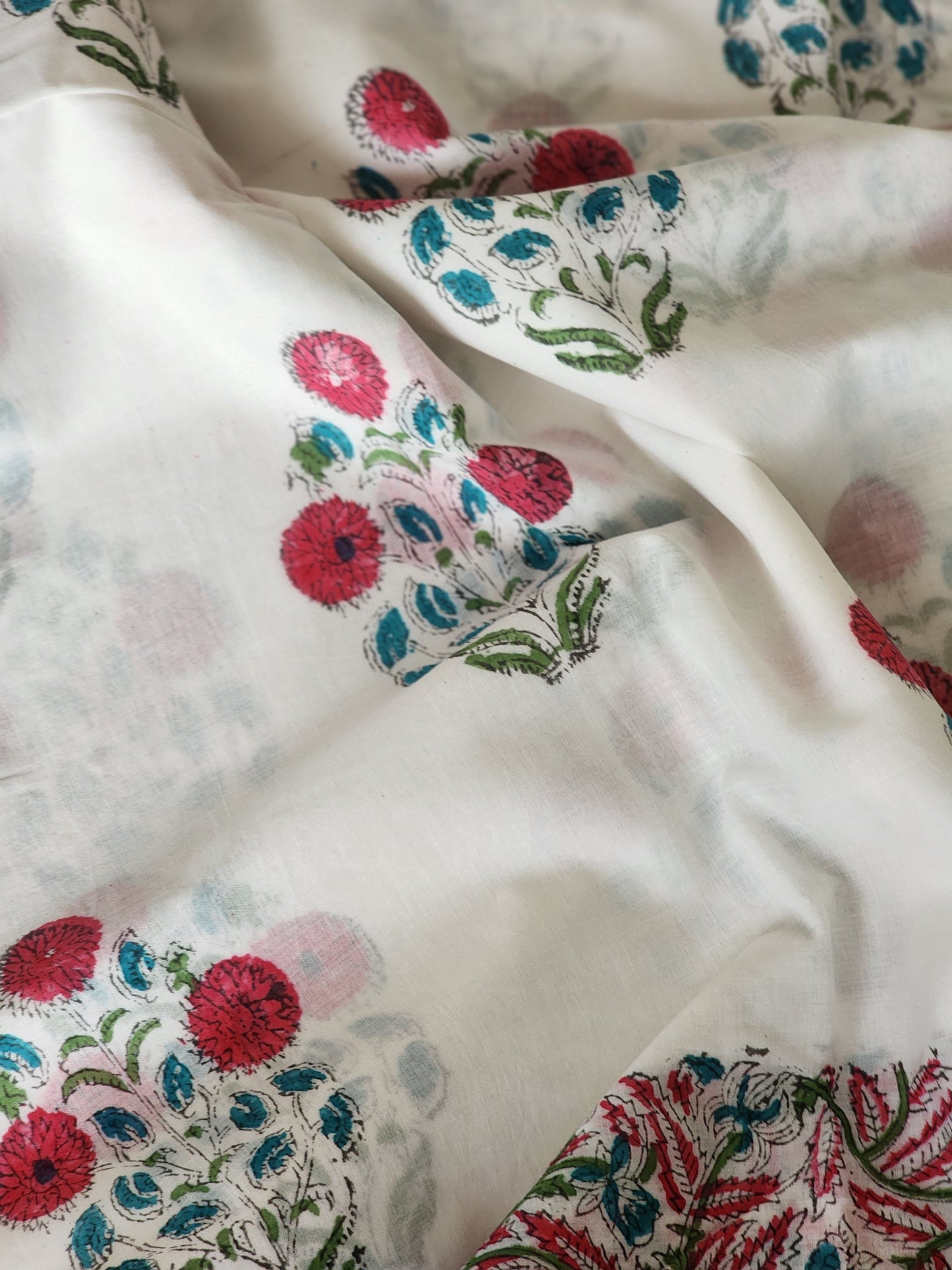 White handblock cotton saree