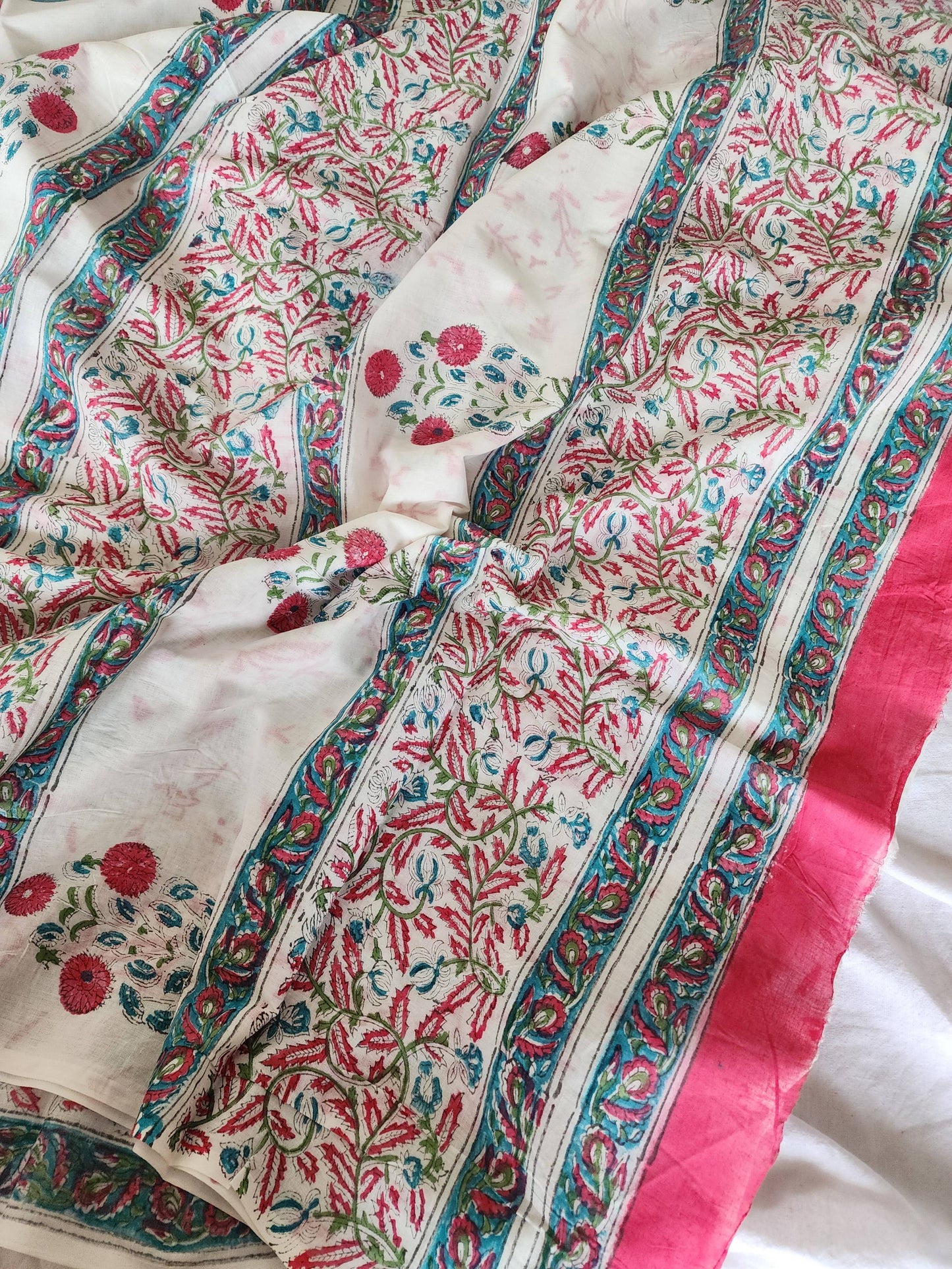 White handblock cotton saree
