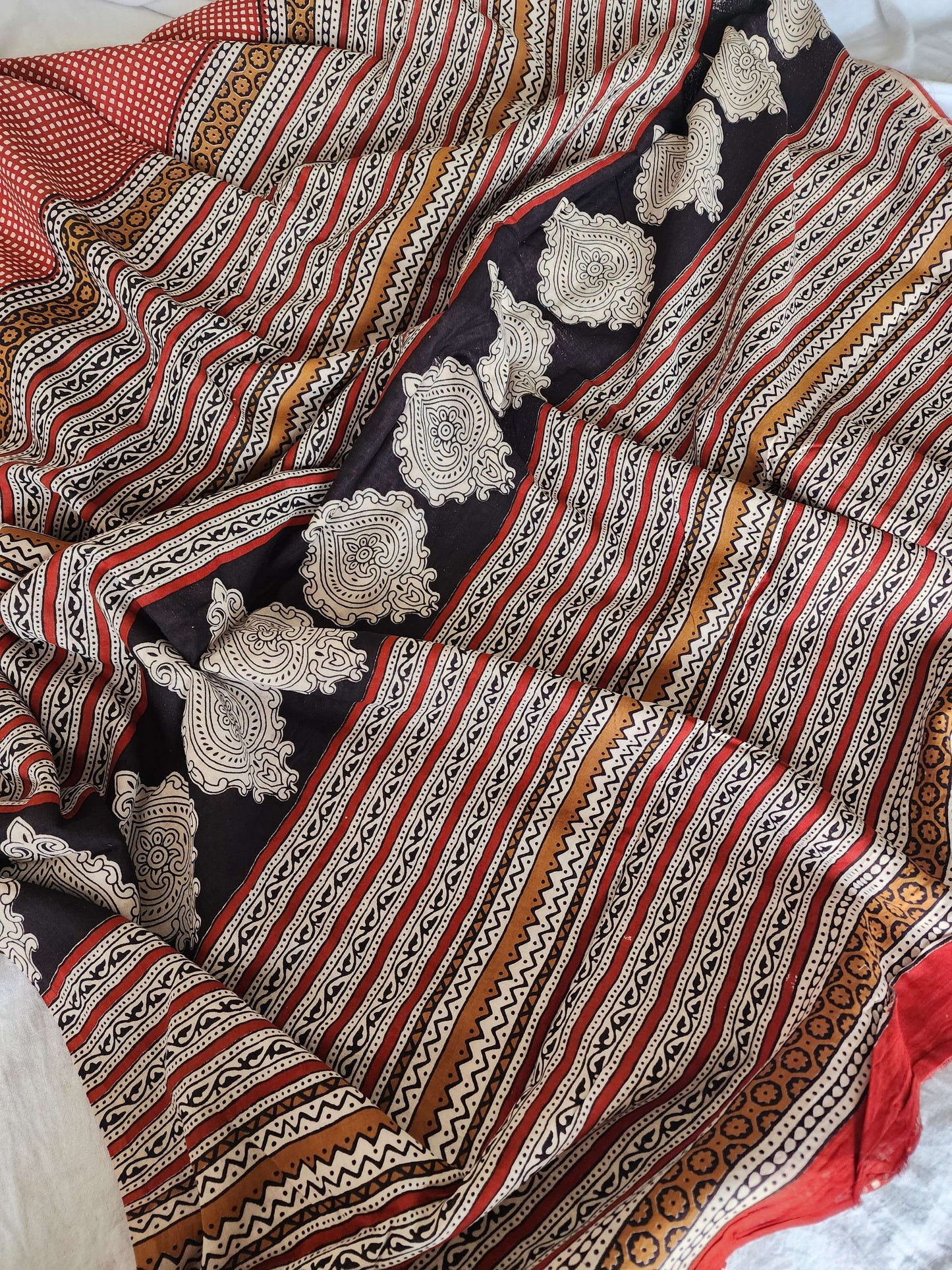Red handblock cotton saree