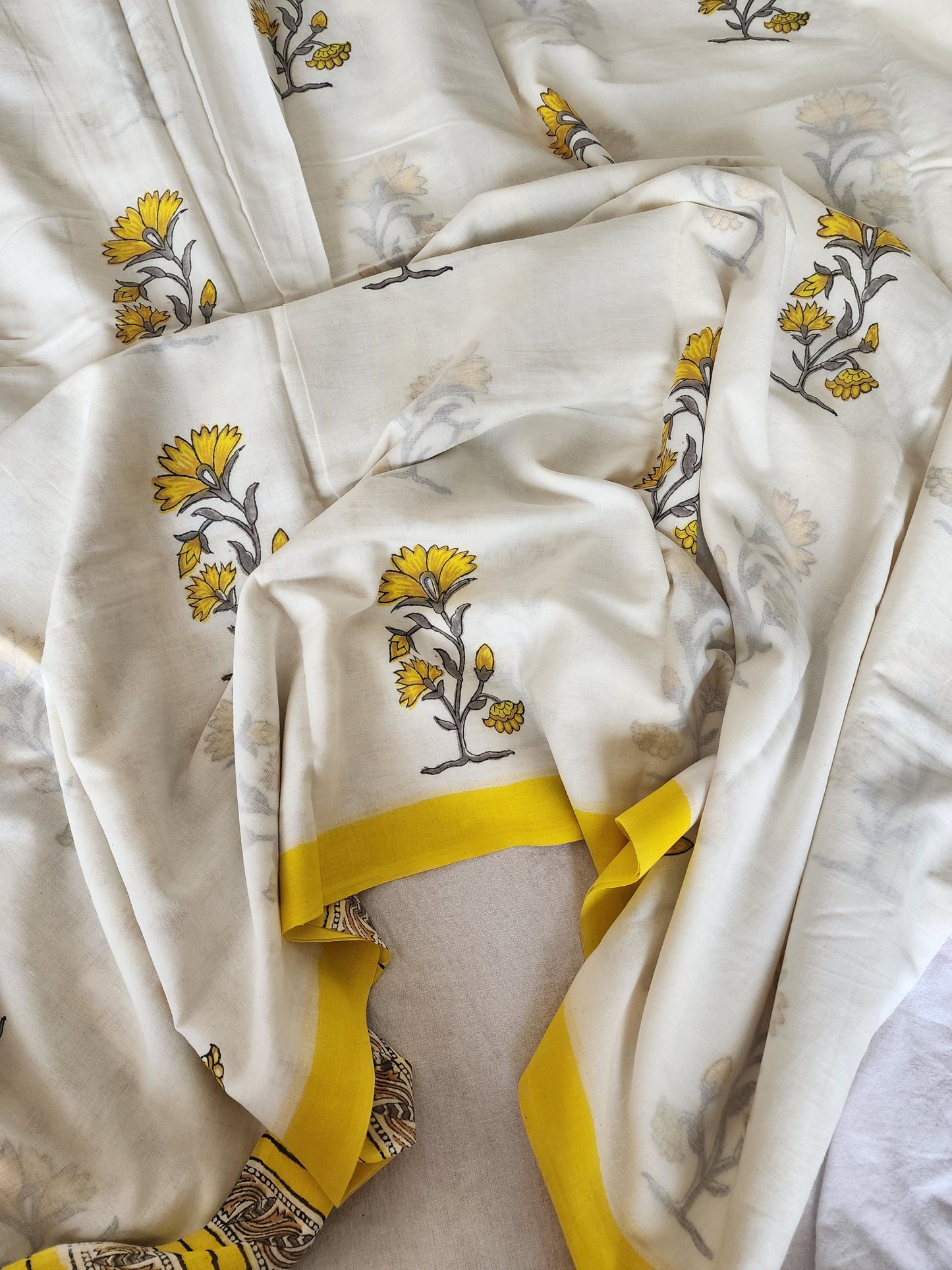 White handblock cotton saree