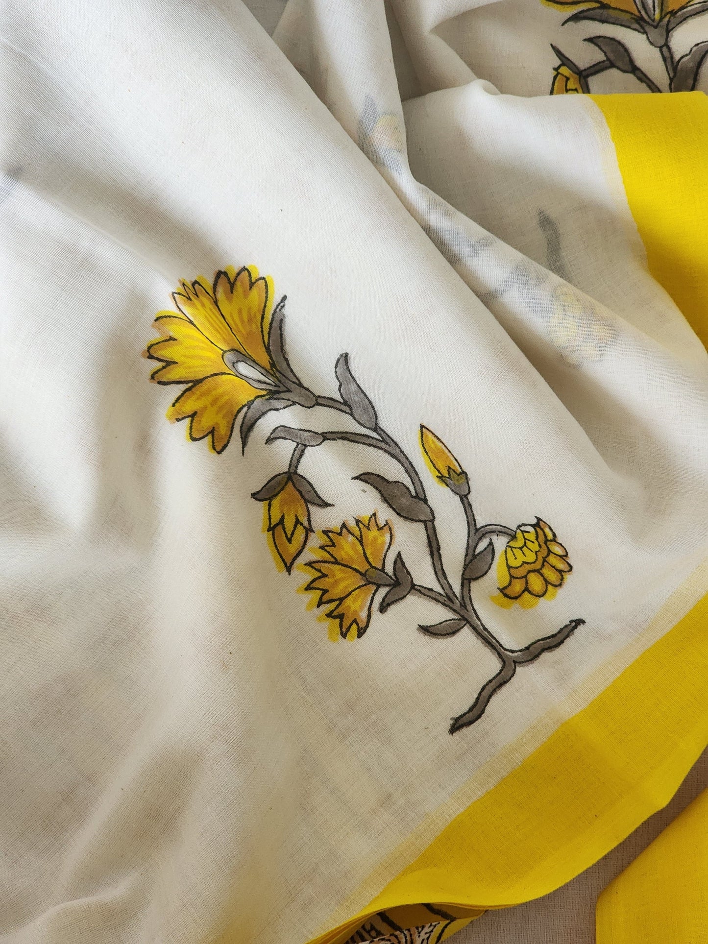 White handblock cotton saree