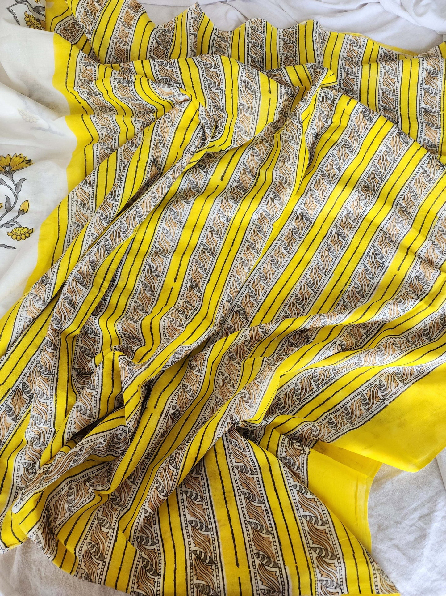 White handblock cotton saree