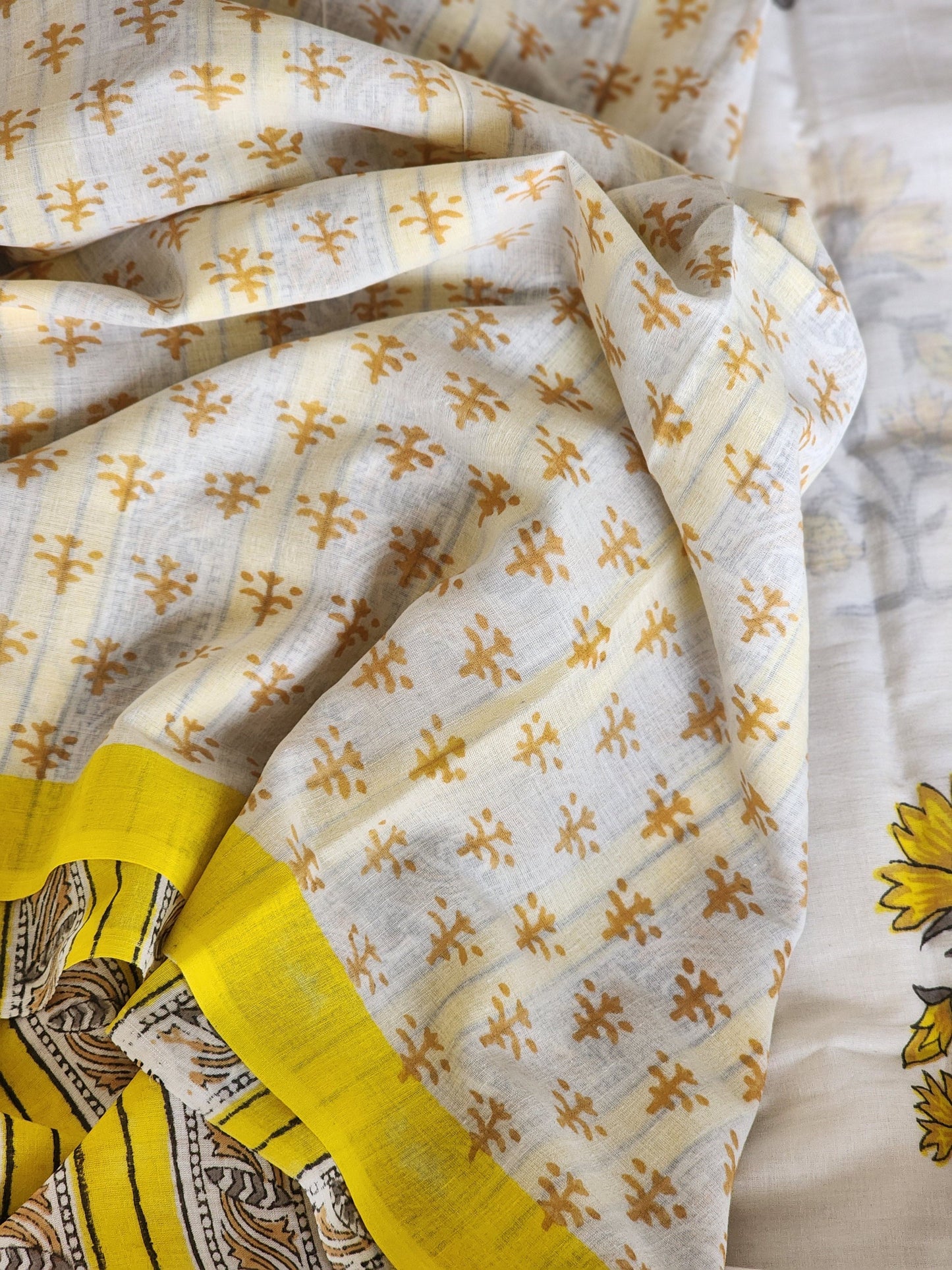 White handblock cotton saree