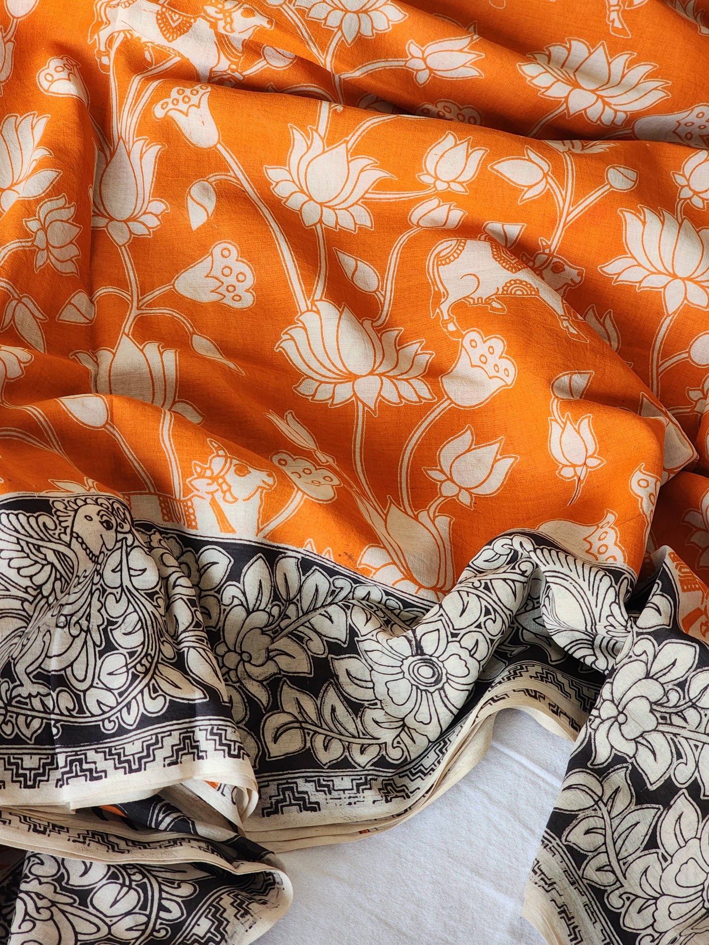 Orange Kalamkari Cotton Saree