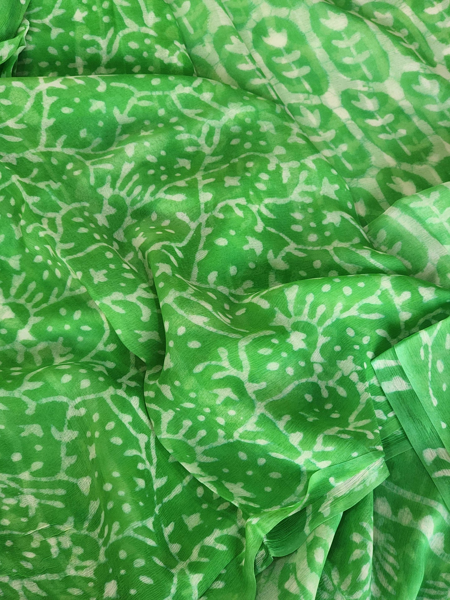 Green Chiffon Handblock Saree