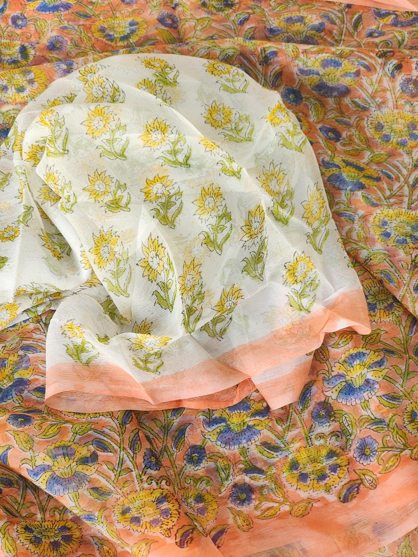 Peach Chiffon Handblock Saree