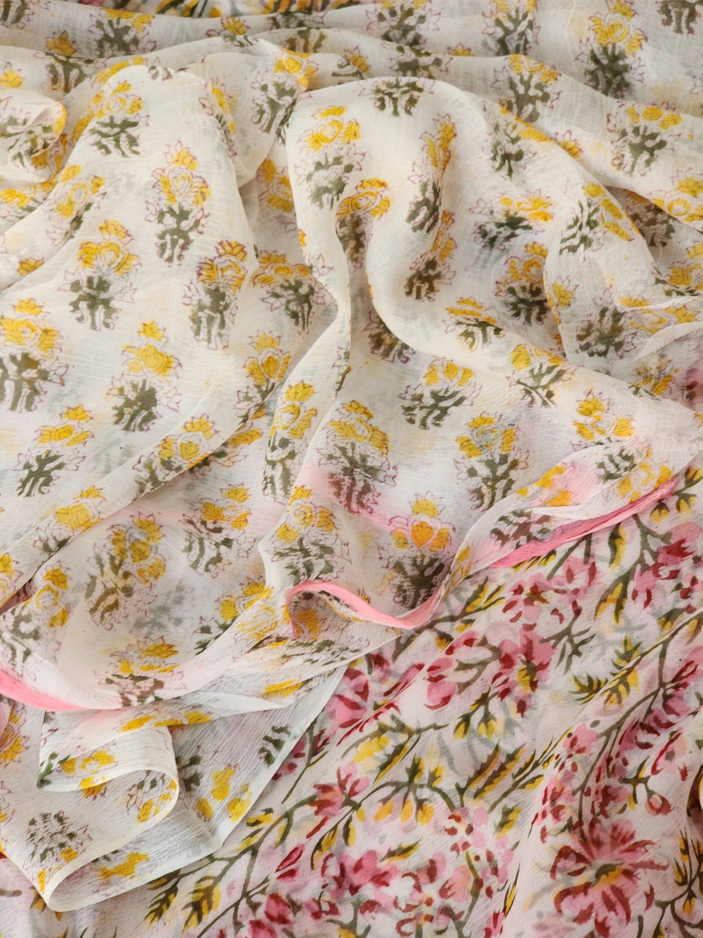 Pink Chiffon Handblock Saree