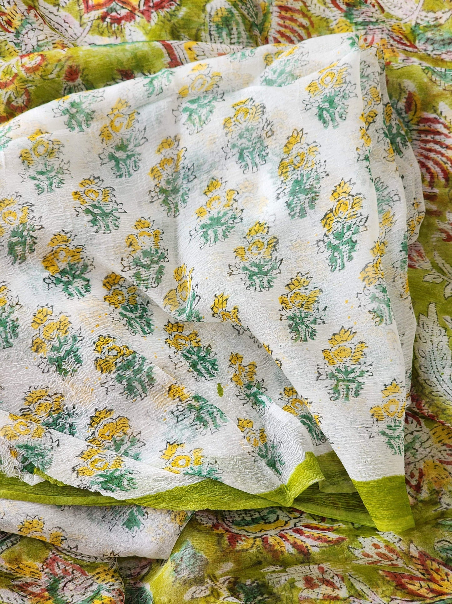 Green Chiffon Handblock Saree