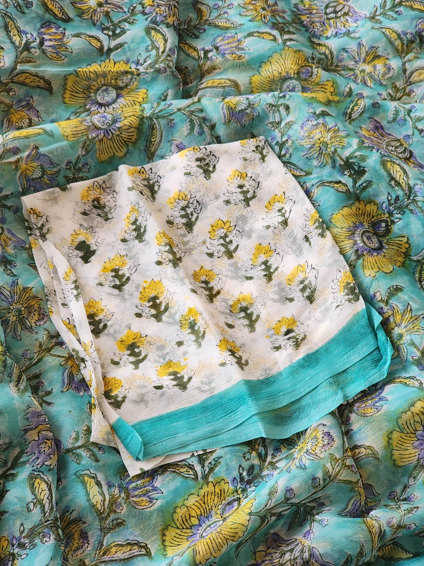 Sea Green Chiffon Handblock Saree