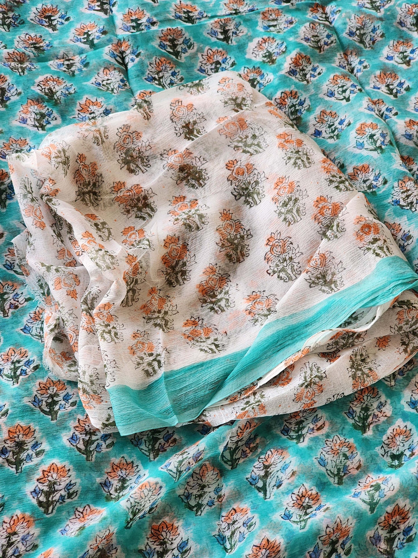 Sea Green Chiffon Handblock Saree