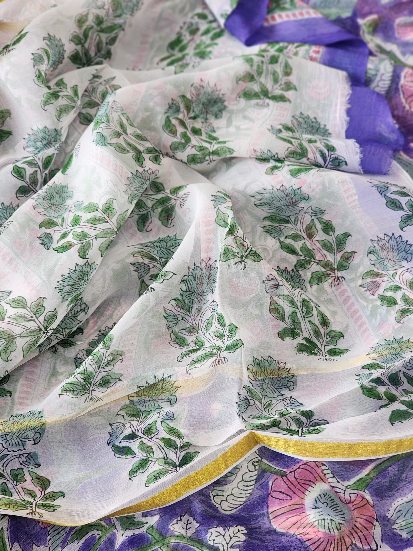 Purple Chiffon Handblock Saree