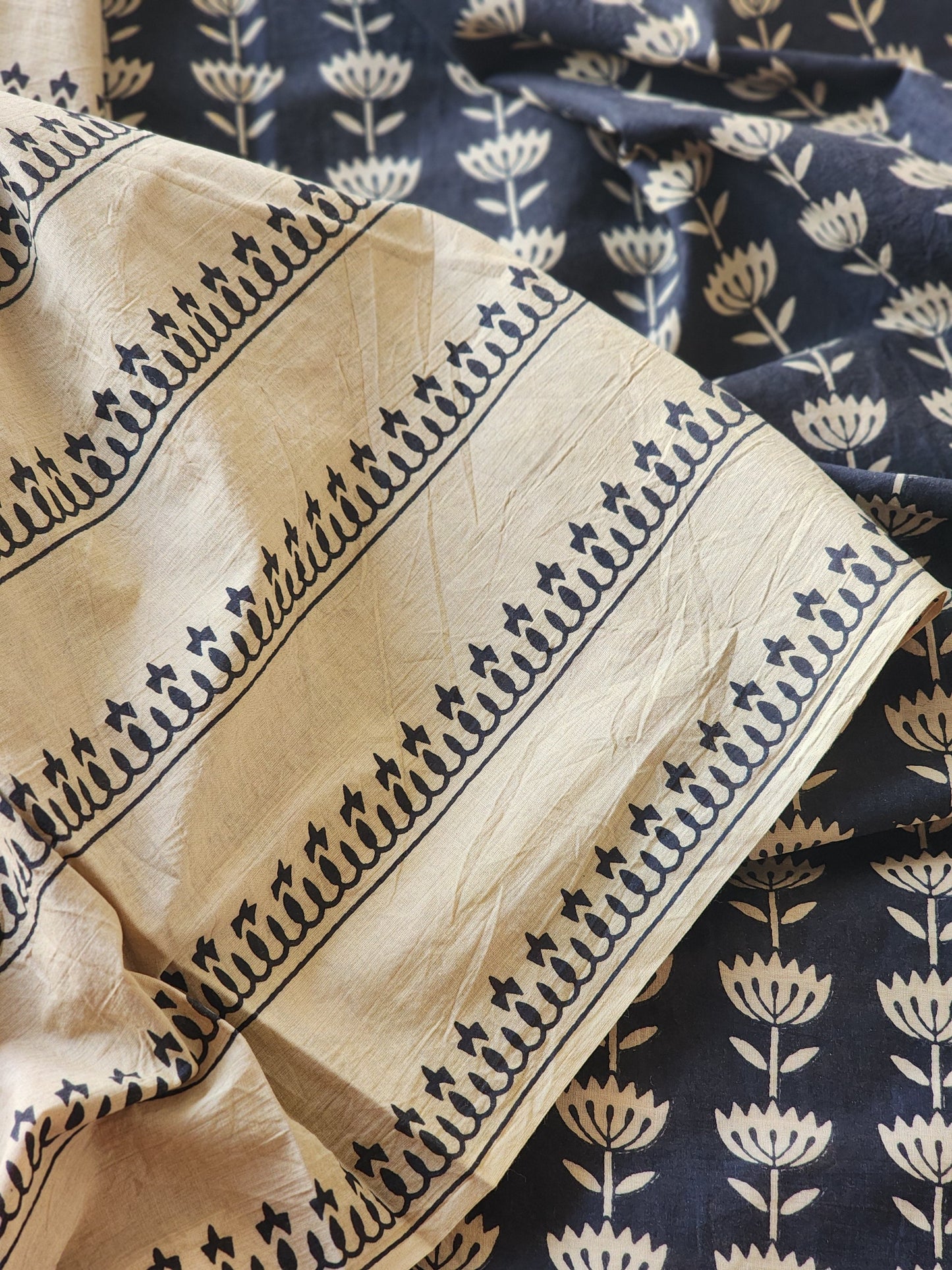 Black handblock cotton saree