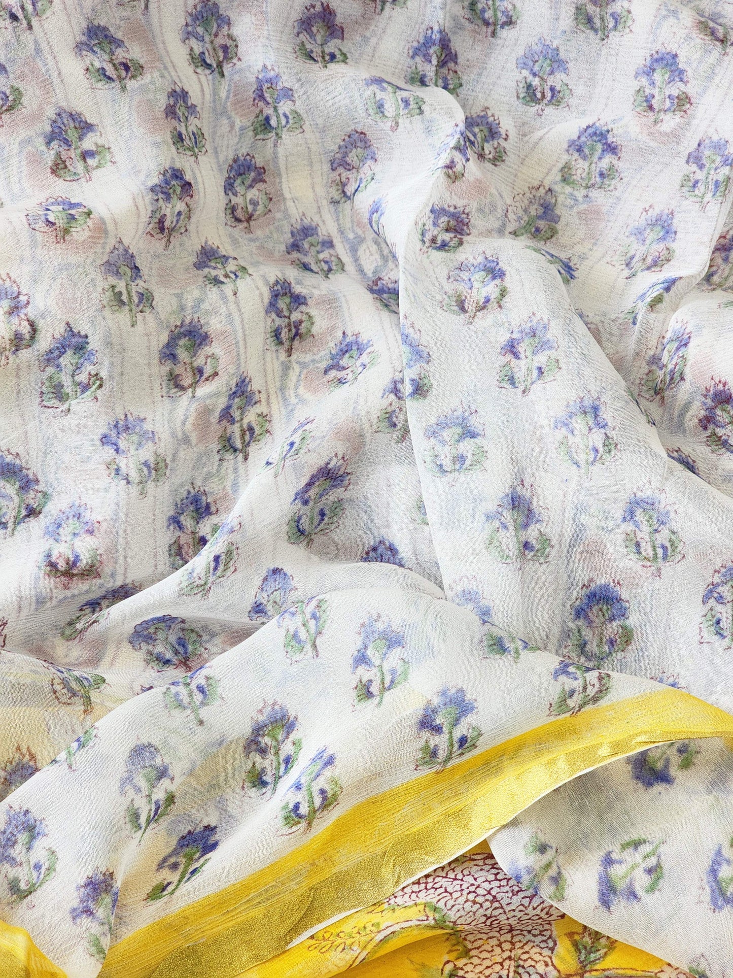 Yellow Chiffon Handblock Saree