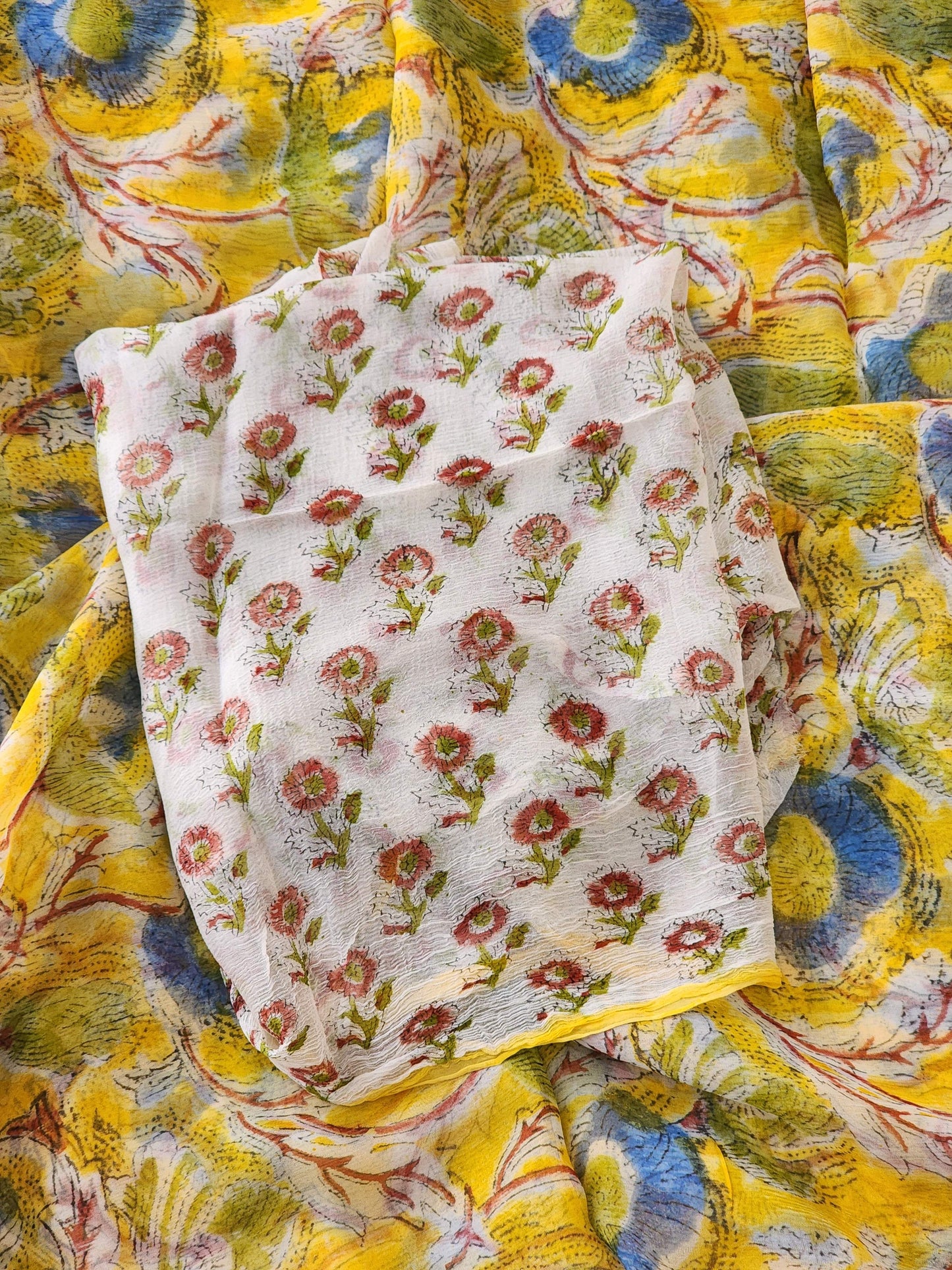 Yellow Chiffon Handblock Saree