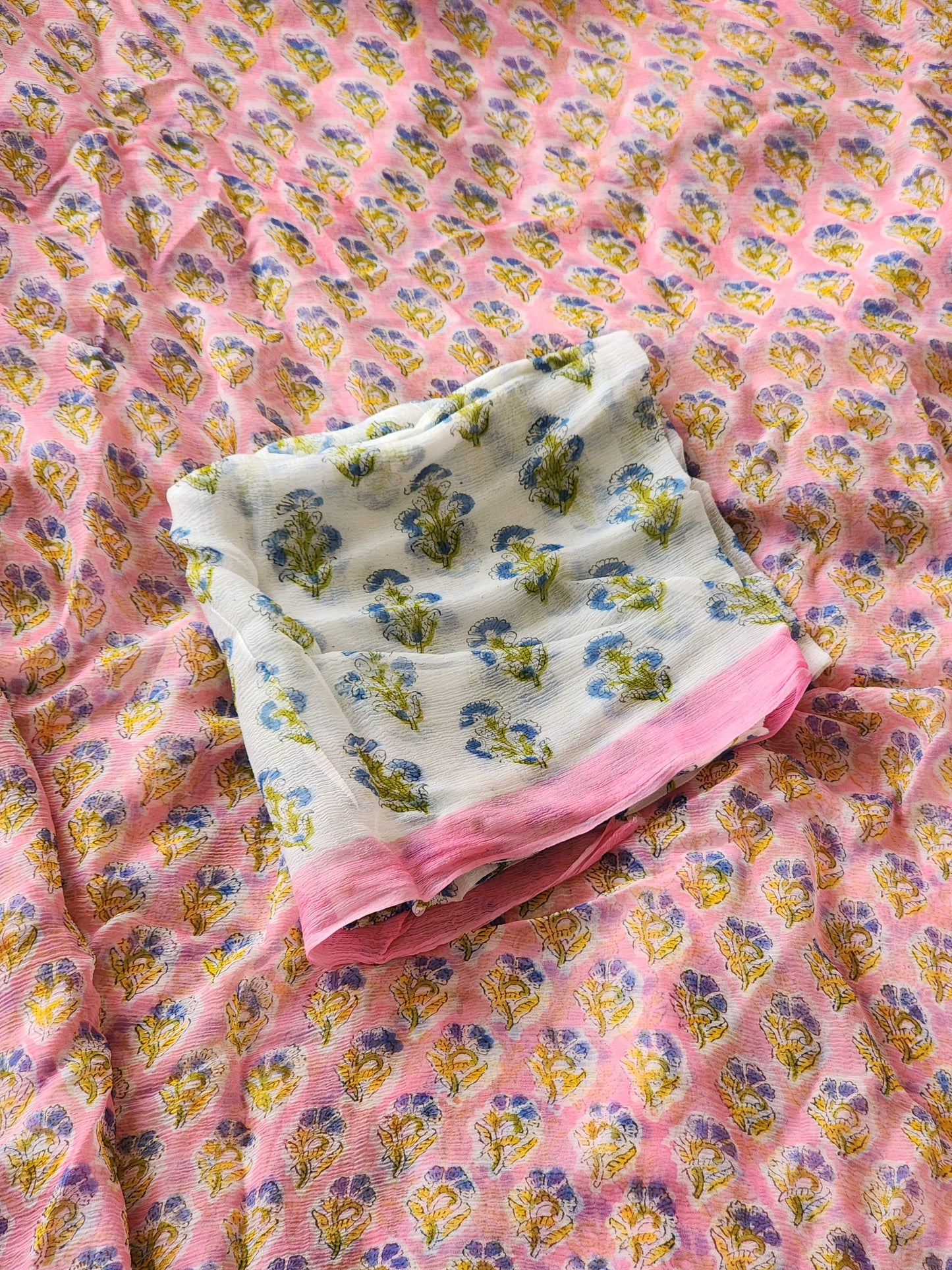 Pink Chiffon Handblock Saree