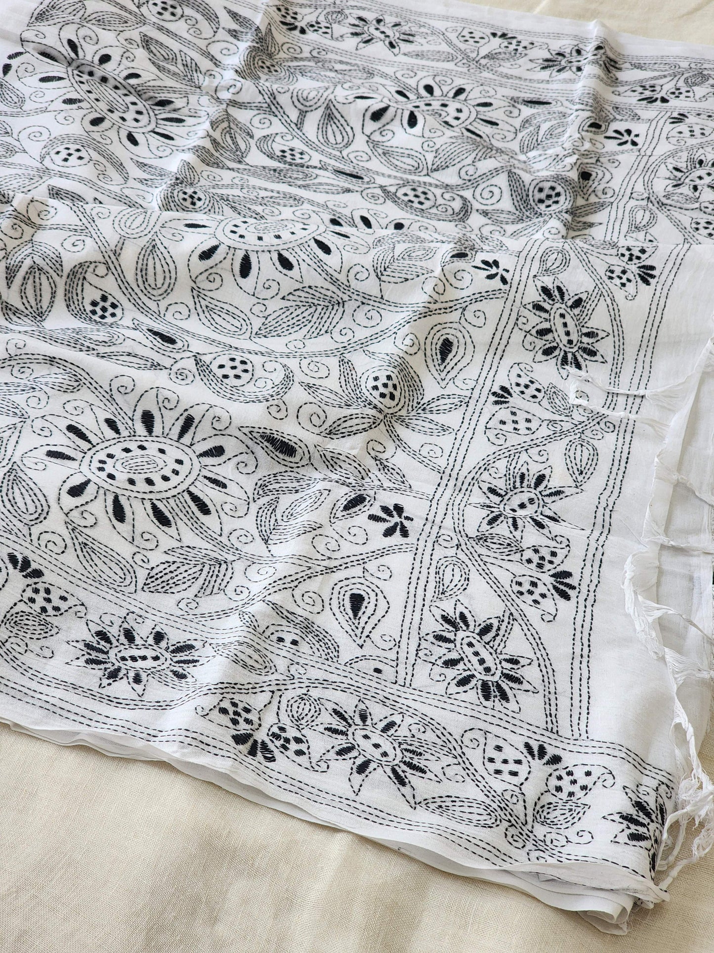 White Kantha Cotton Saree