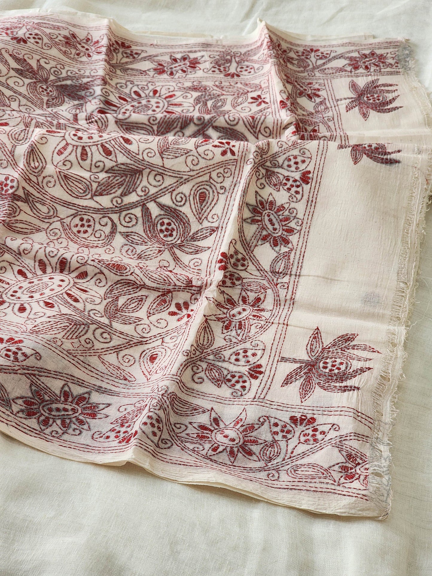 Off White Kantha Cotton Saree