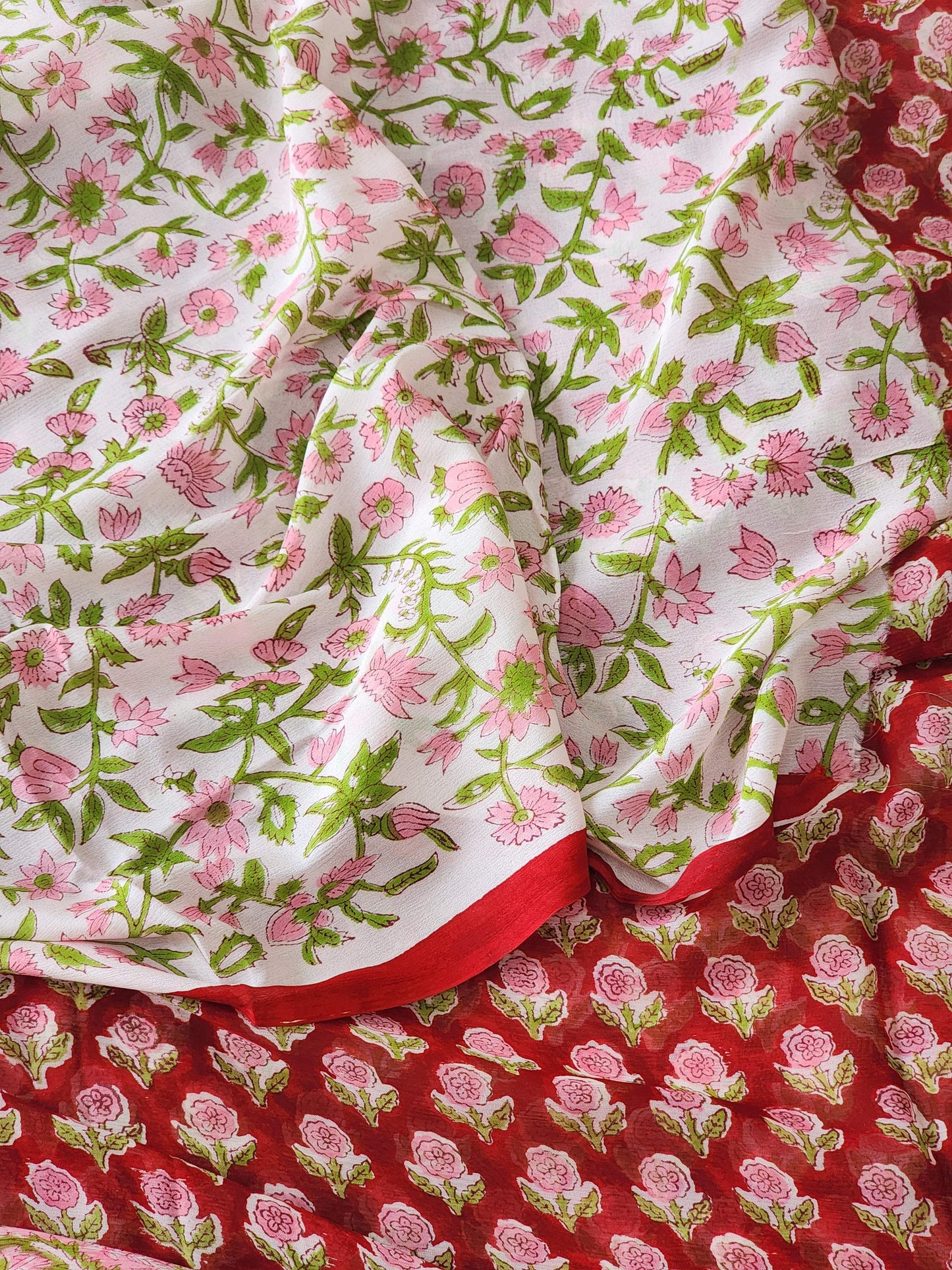 Red Chiffon Handblock Saree