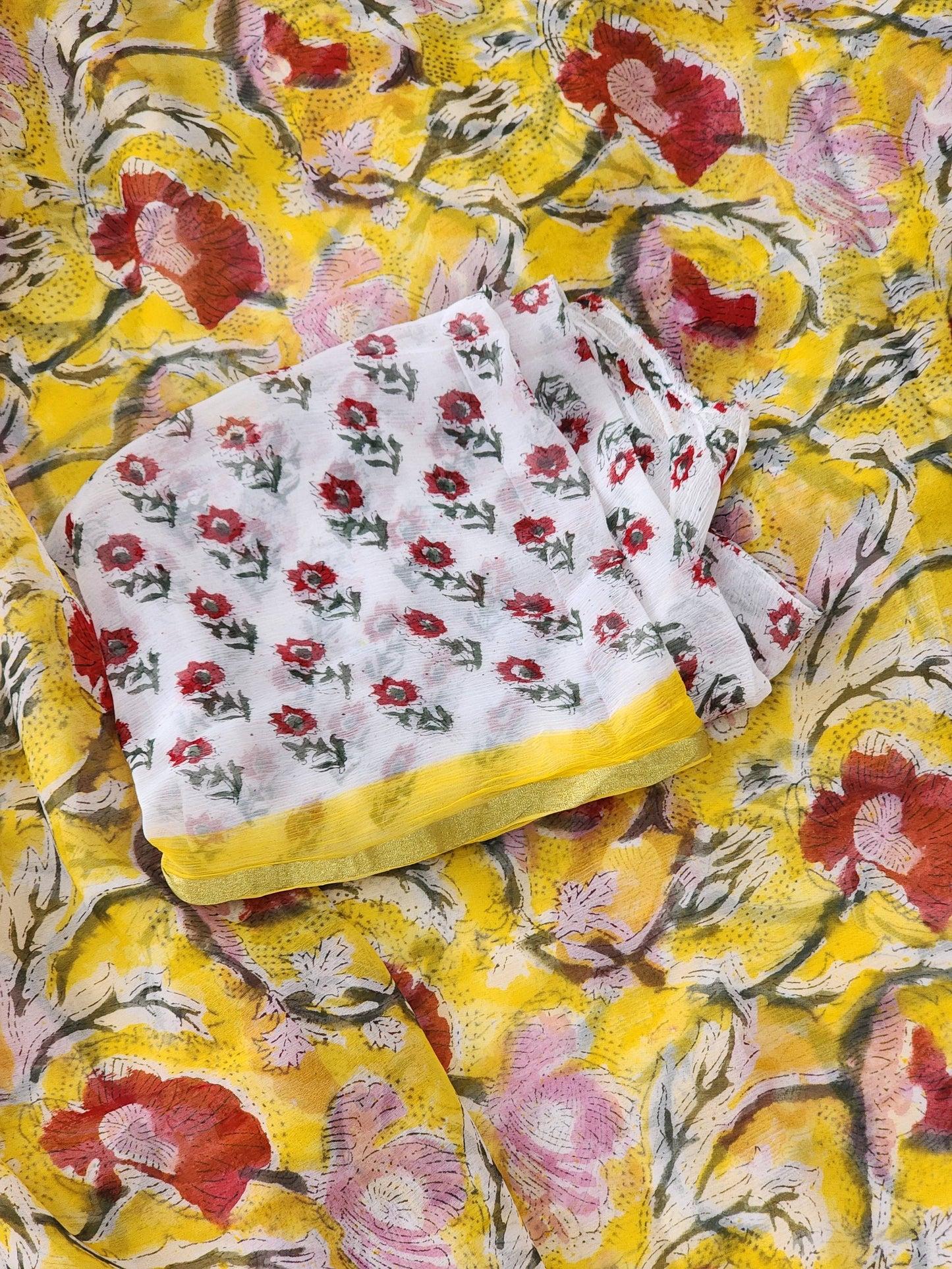 Yellow Chiffon Handblock Saree