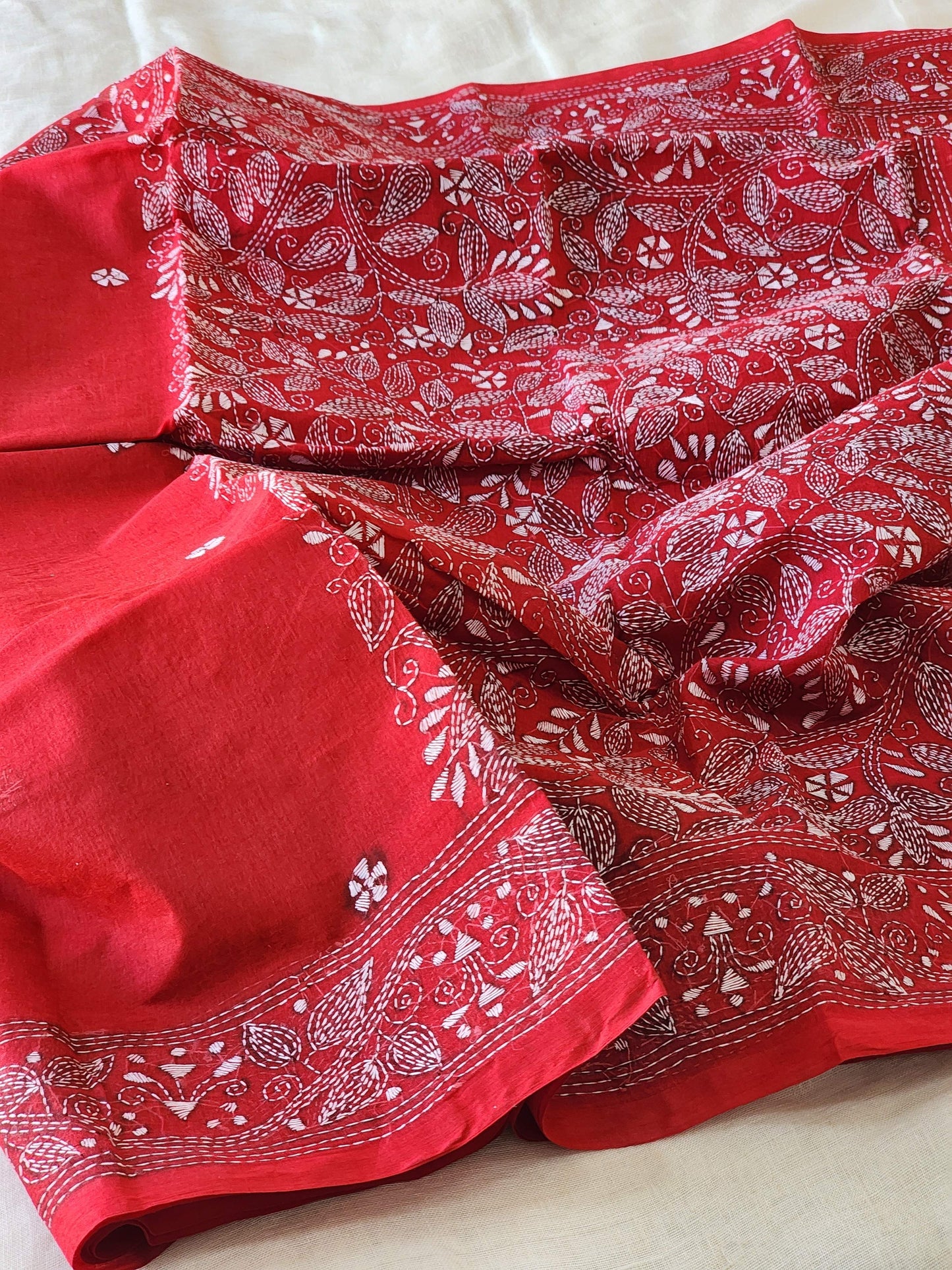 Red Kantha Cotton Saree